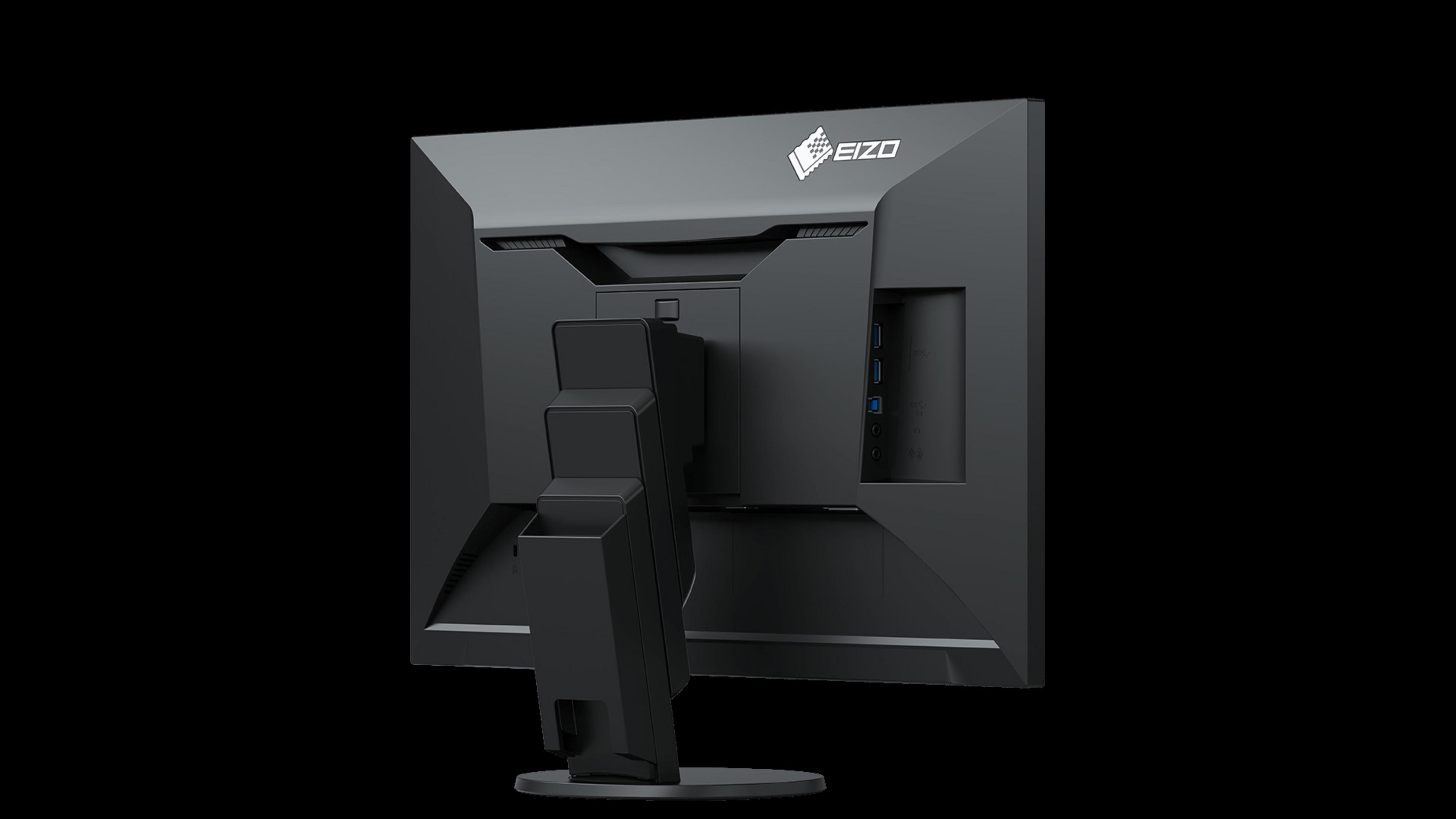Schwarzer Computermonitor, Rückansicht, mit Ständer und Anschlüssen.