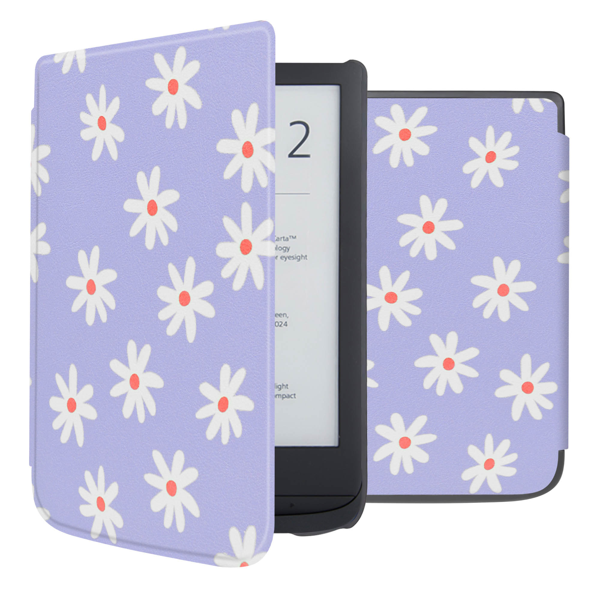 Une liseuse électronique avec un étui floral, ouverte pour révéler l'écran. L'étui est lilas avec des marguerites blanches.