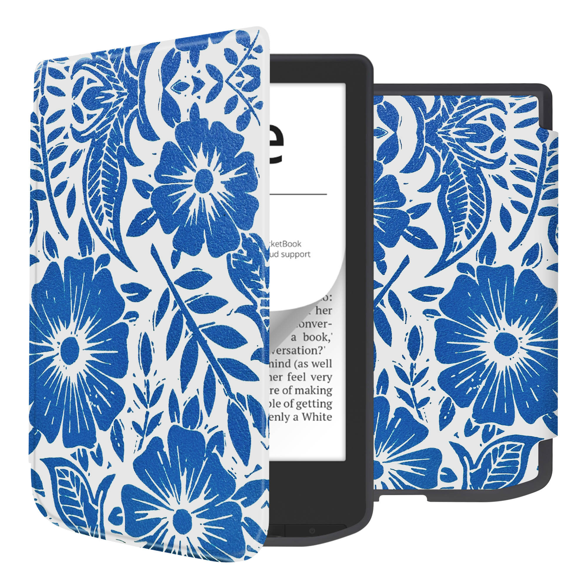 E-reader in een hoesje. De hoes heeft een blauw bloemenpatroon op een witte achtergrond. Zwarte e-reader.