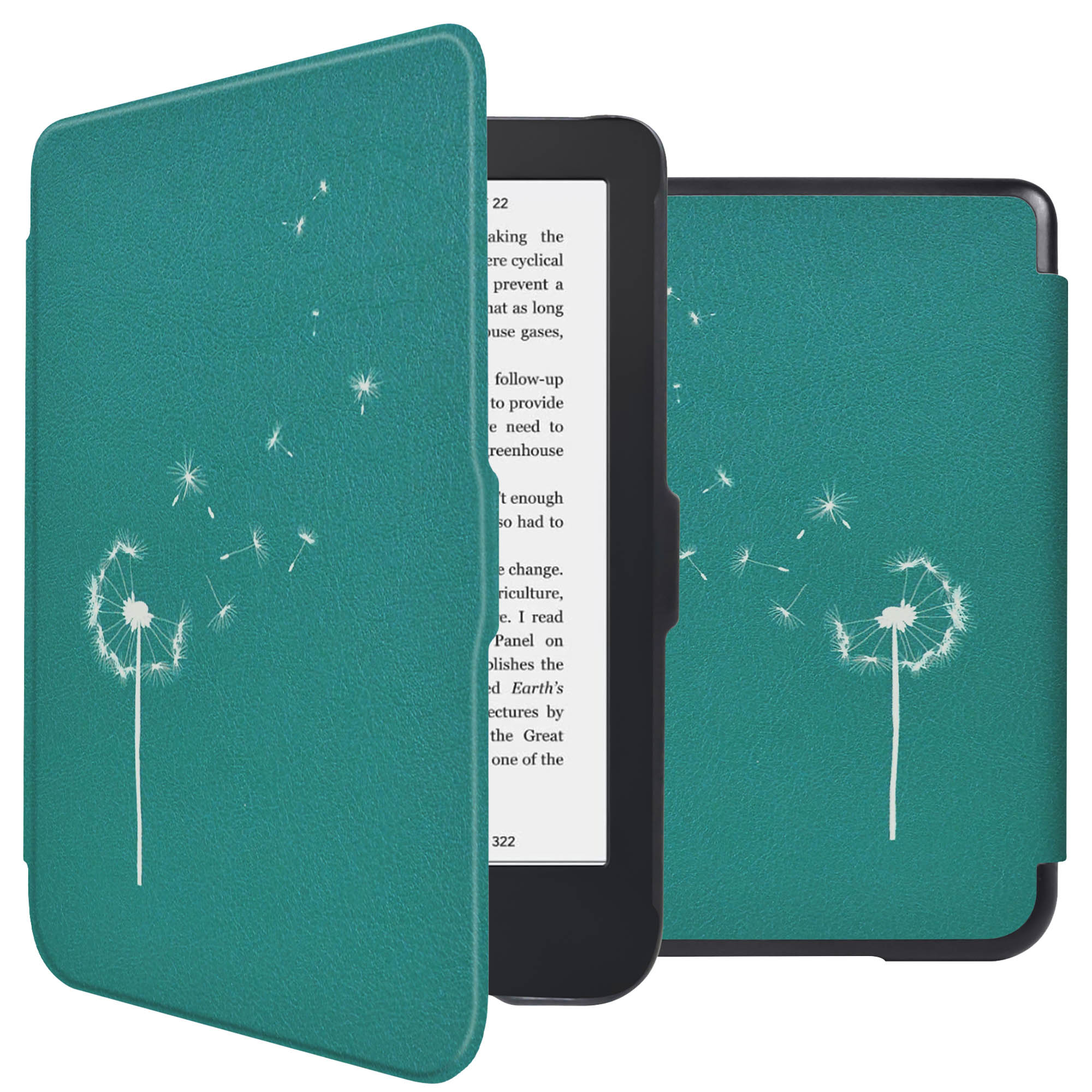 Liseuse électronique avec une couverture vert d'eau représentant un pissenlit blanc. Couverture partiellement ouverte, texte à l'écran.