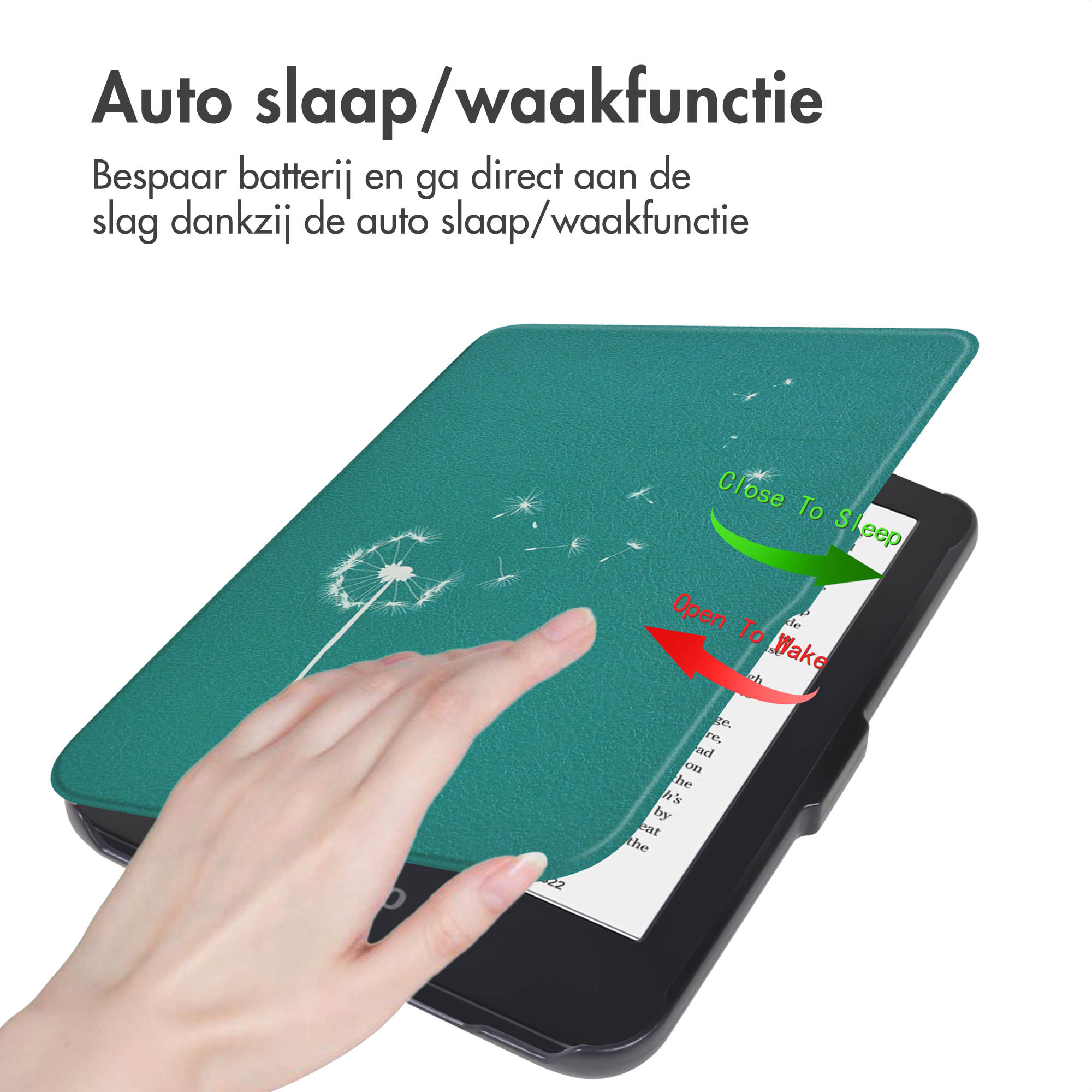 Un doigt touche une couverture verte à motif de pissenlit placée sur un appareil de lecture électronique.