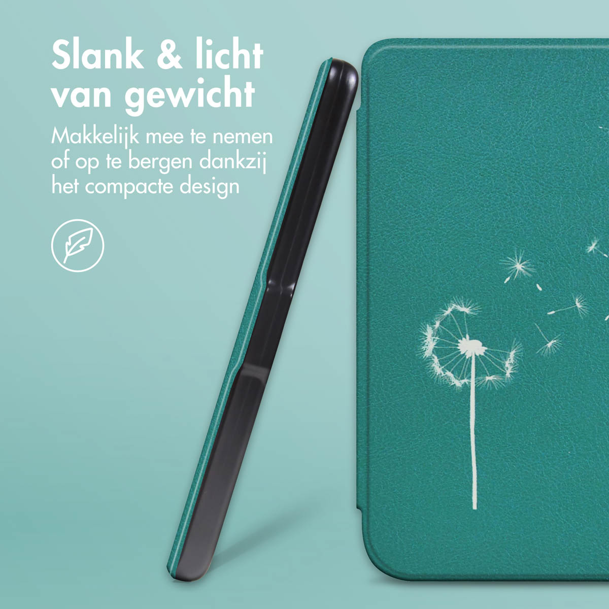 Un étui vert avec un motif de pissenlit à côté d'un téléphone noir.