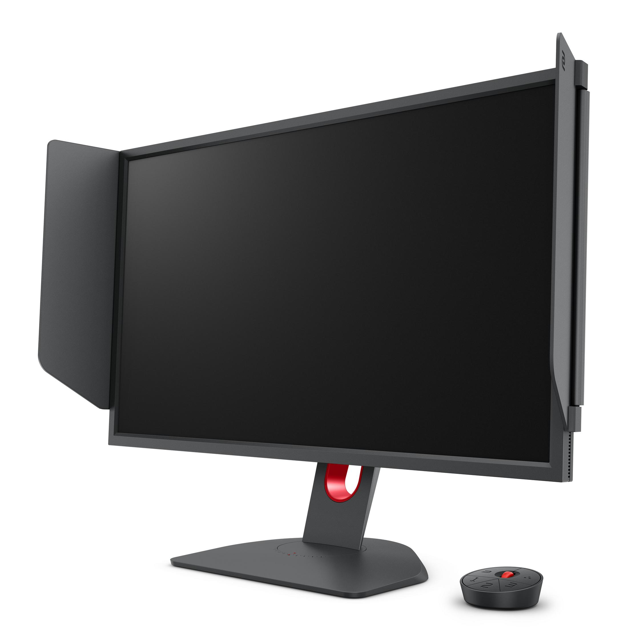 Monitor with side shields, a red stand, and a controller.