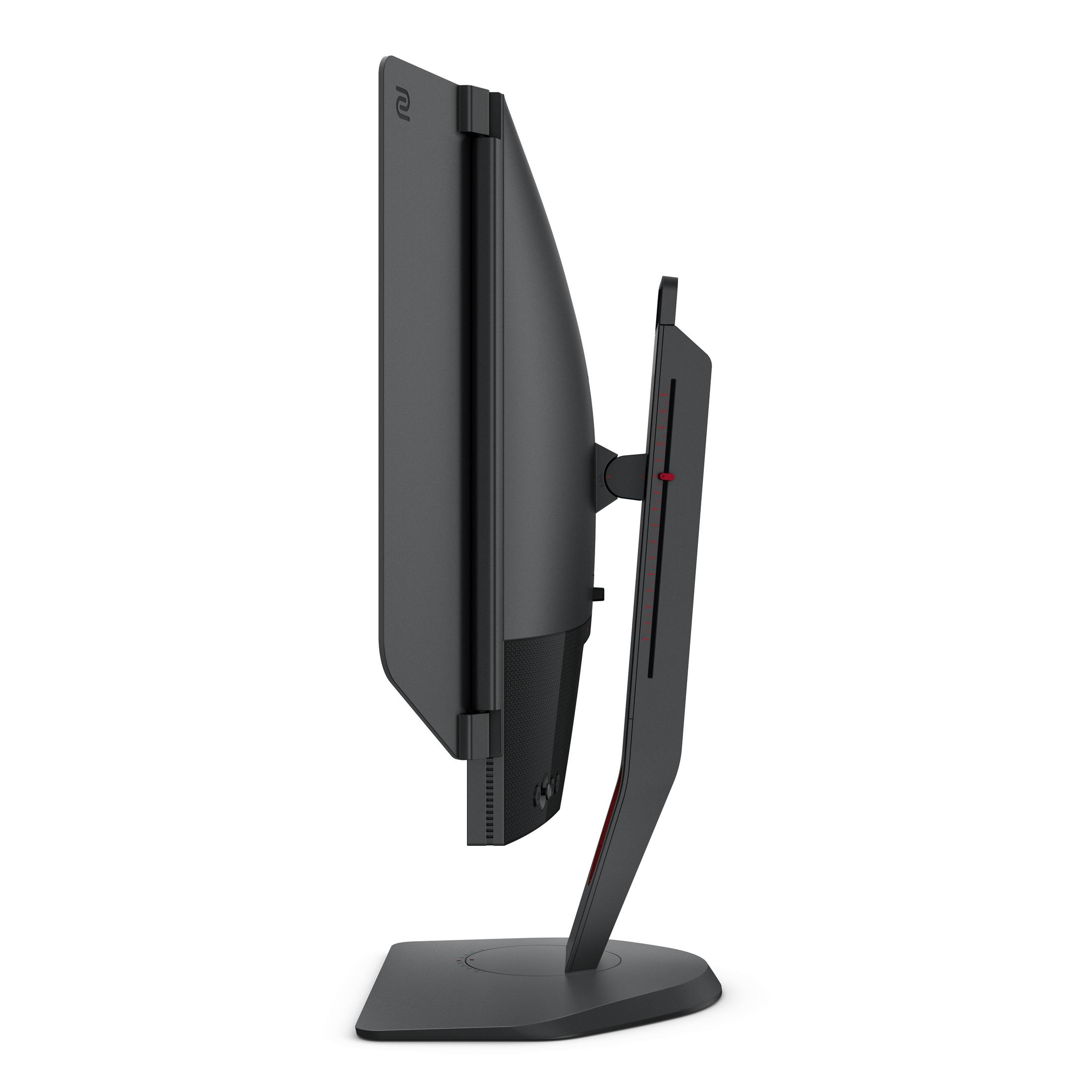 Black gaming monitor from the side. Black stand, red accents. Black screen, side view on white.