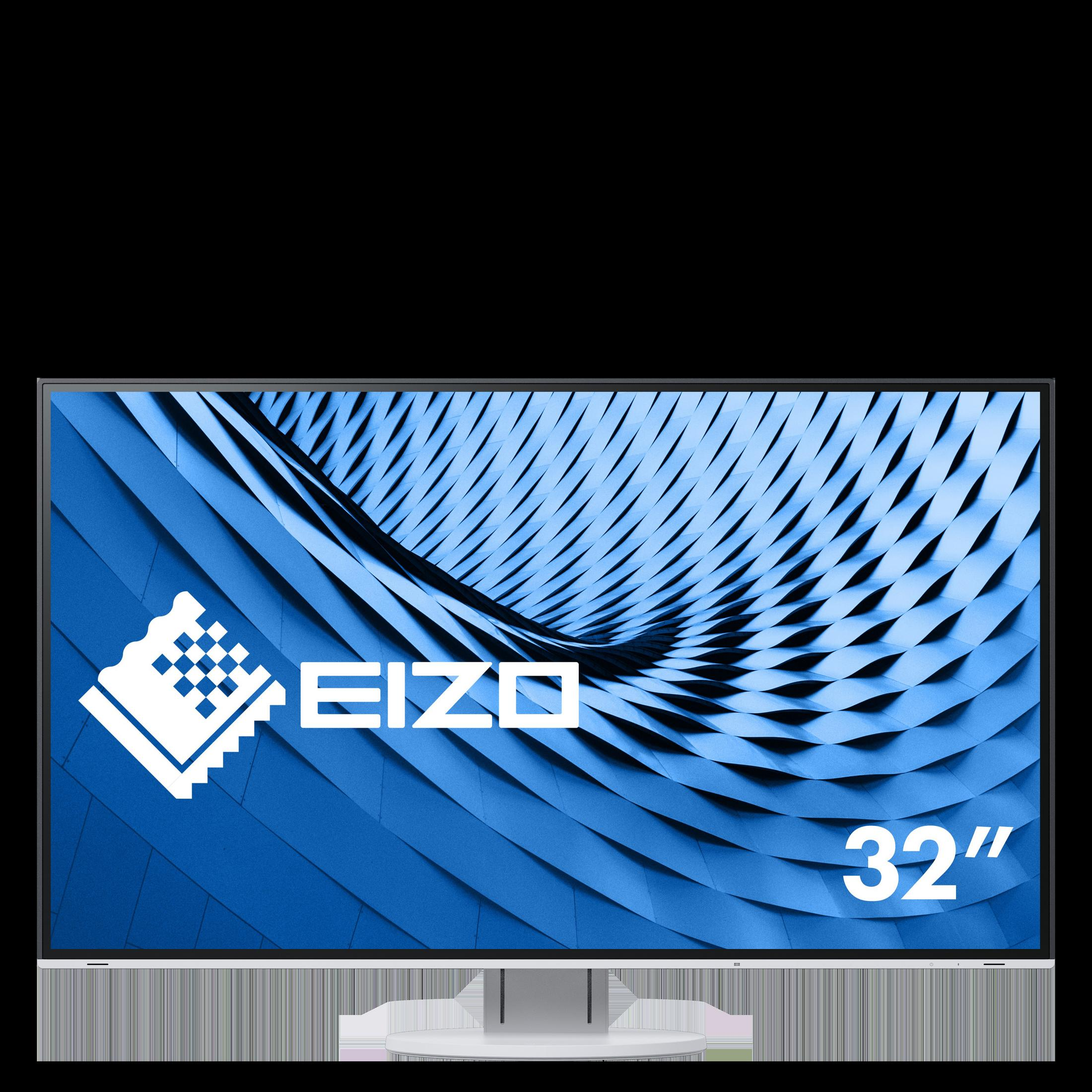 Monitor EIZO 32" su supporto bianco. Grafica blu sullo schermo.