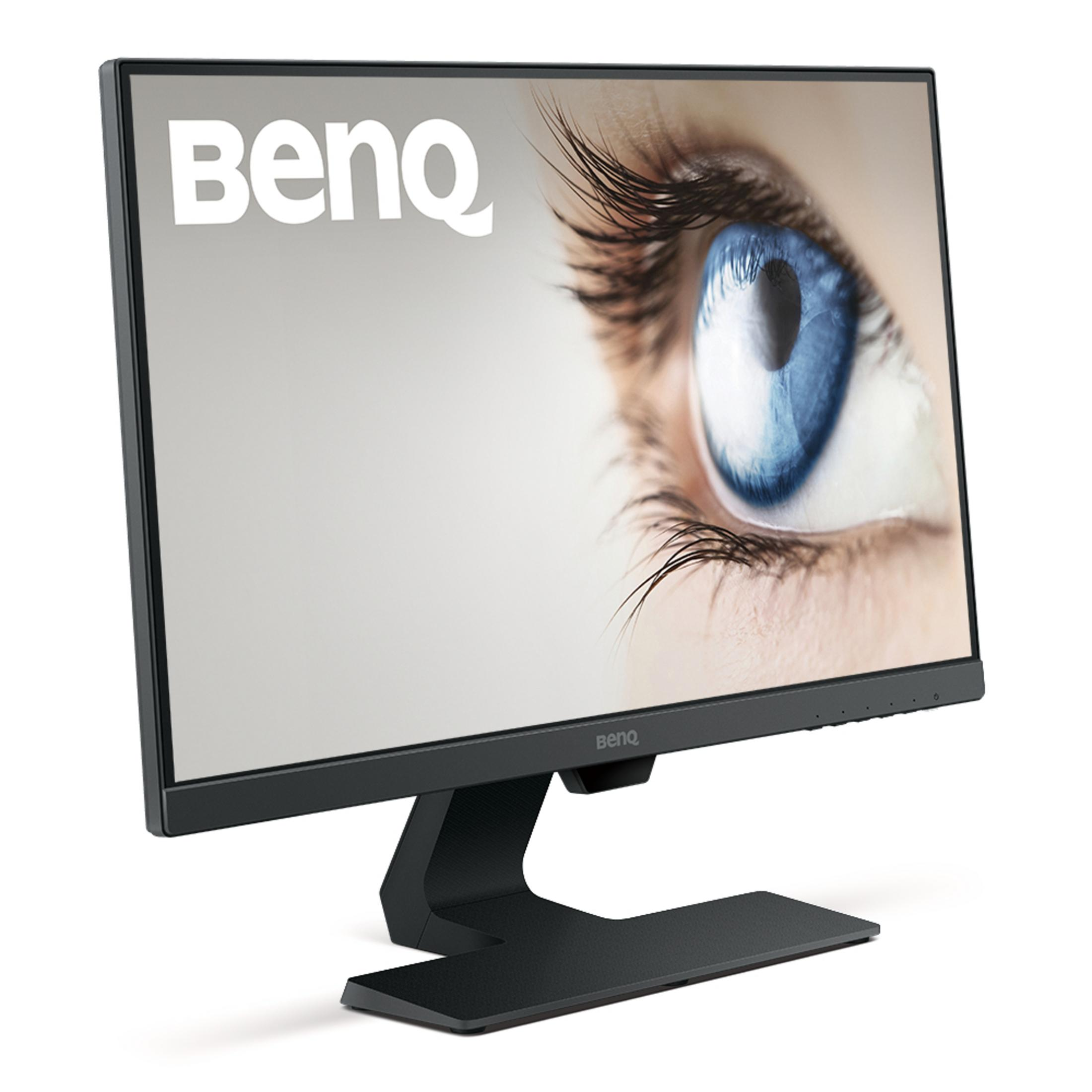 Ein schwarzer BenQ Computermonitor zeigt das BenQ-Logo und eine Nahaufnahme eines blauen Auges.