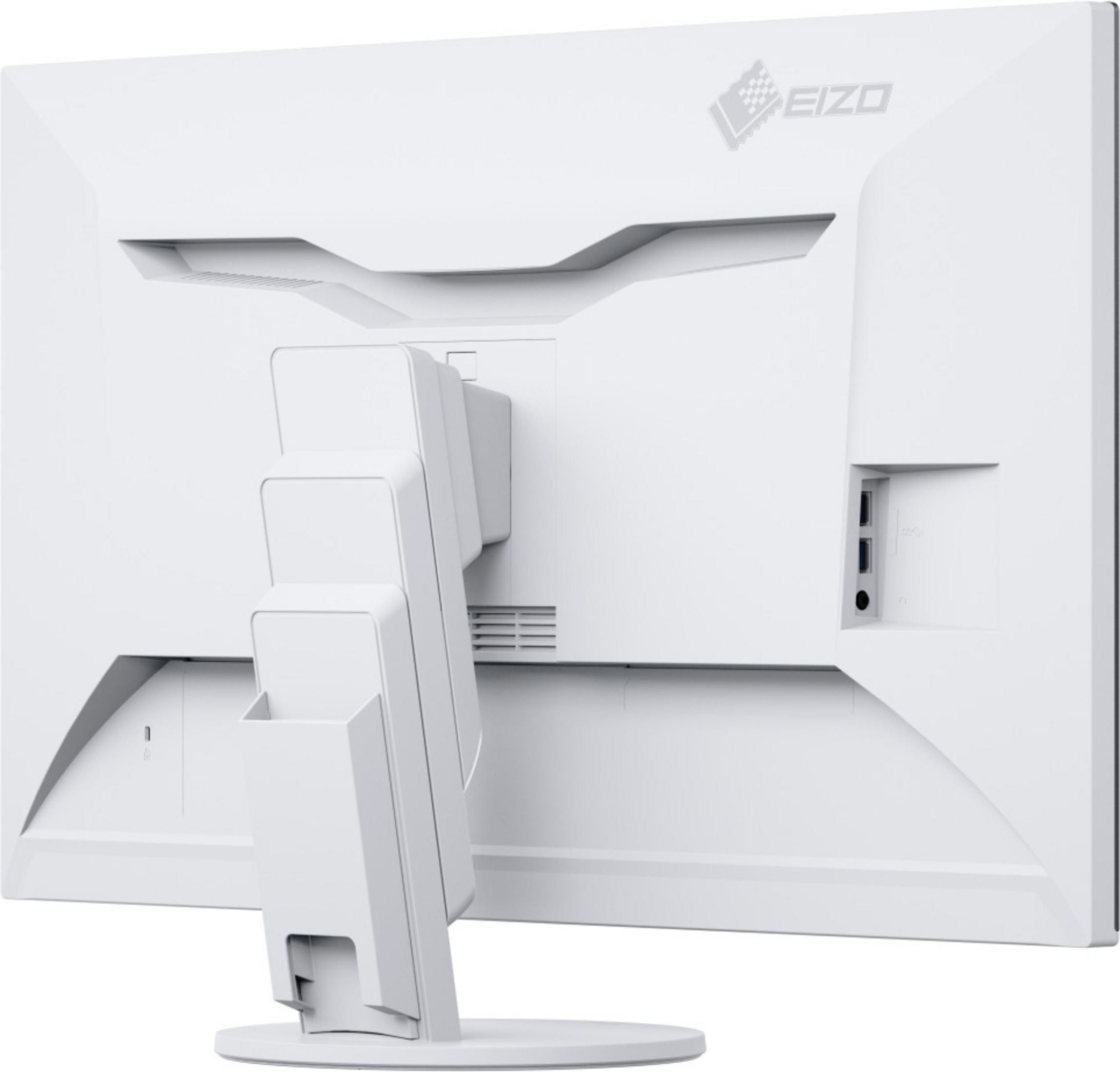 Retro di monitor bianco con logo del marchio, porte e dettagli del supporto.