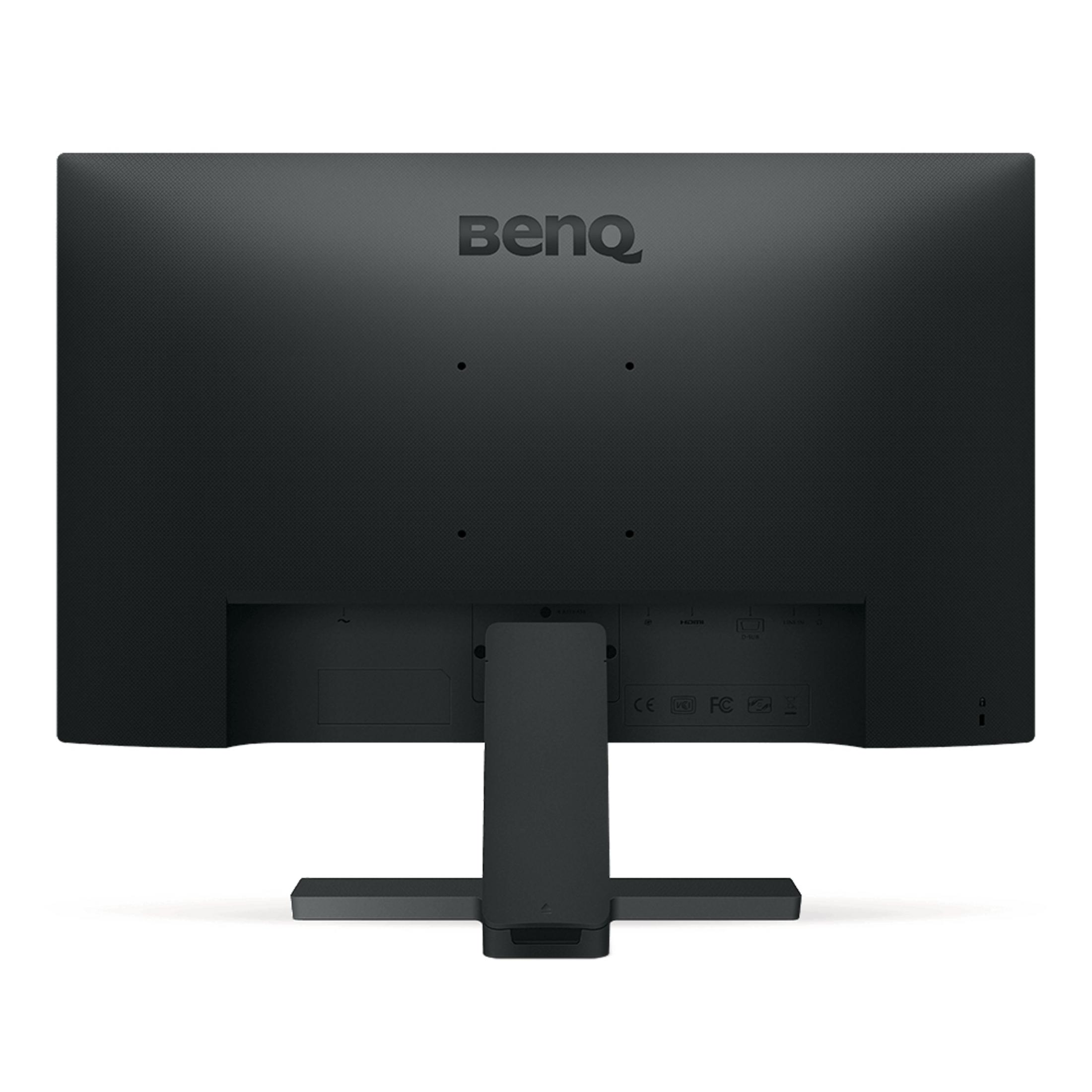 Rückseite eines schwarzen BenQ-Computermonitors mit Anschlüssen unten und einem Ständer.