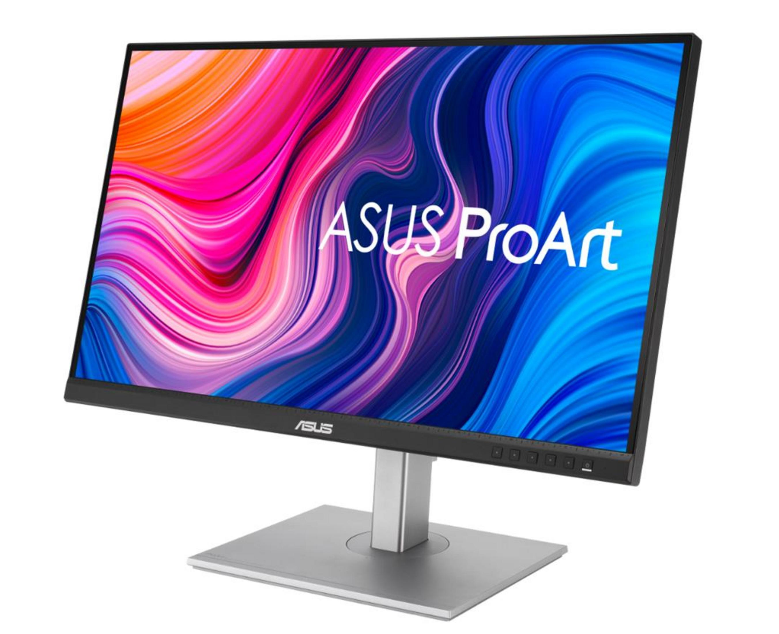 Monitor ASUS ProArt. Srebrna podstawa i ramka. Kolorowy ekran z abstrakcyjnym wzorem. Białe tło.