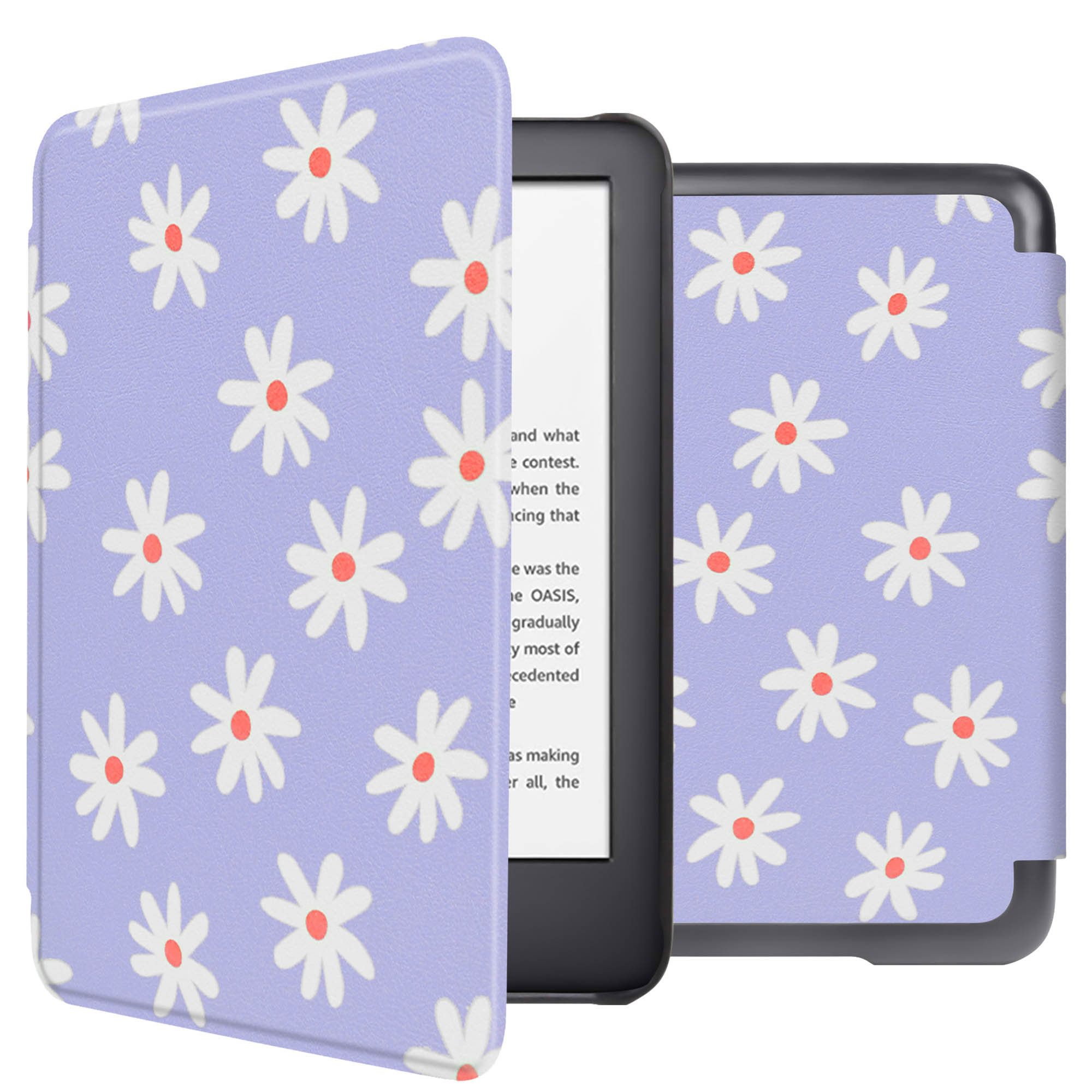 E-reader in a purple case with white daisies. The open book shows text. The case is on the left.
