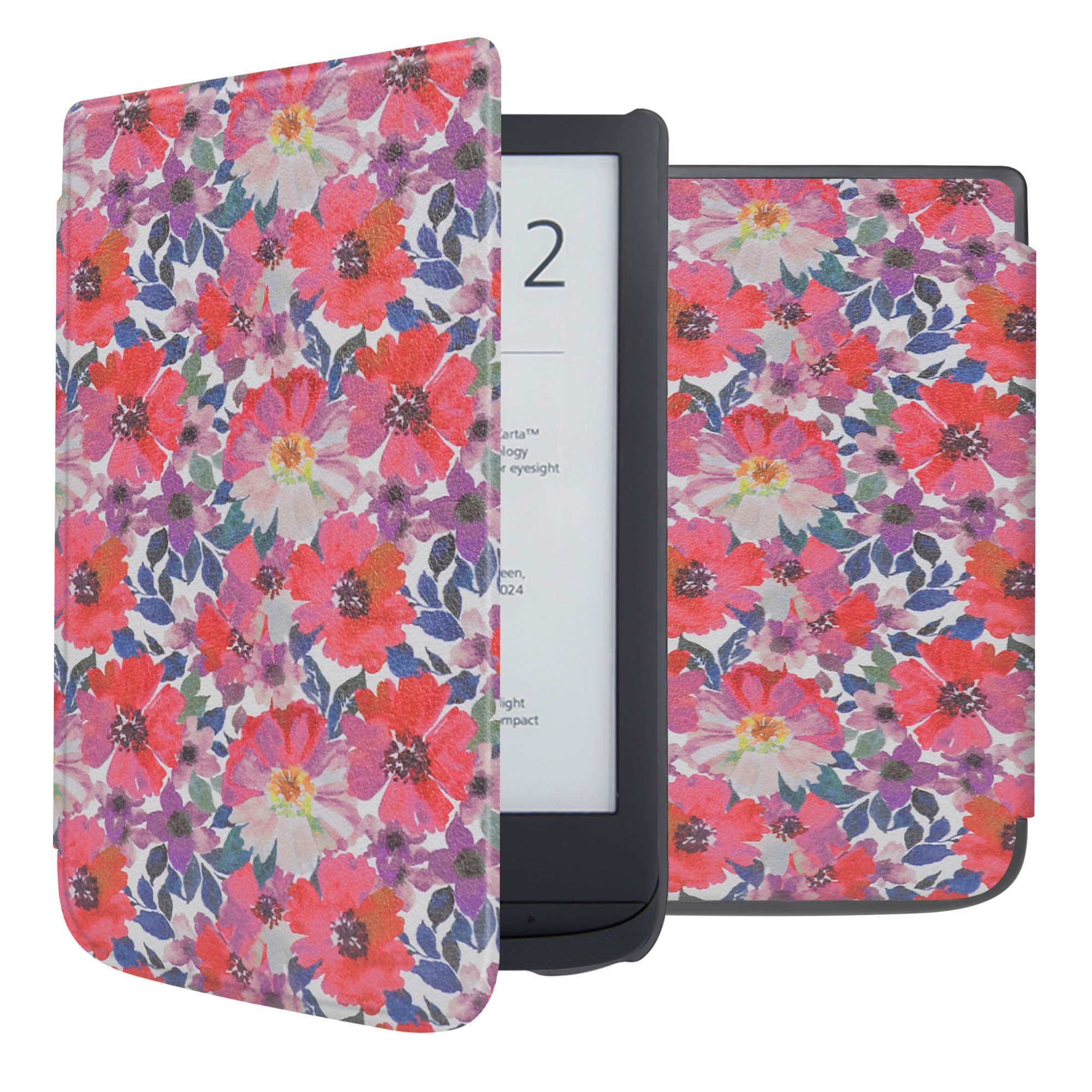 Liseuse avec un étui floral avec des fleurs rouges et violettes. L'appareil affiche du texte.