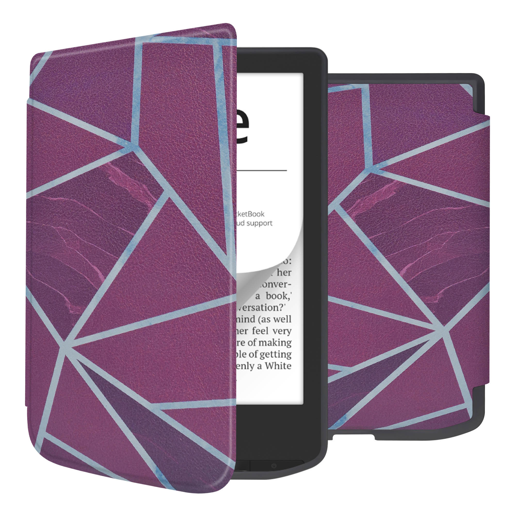E-reader met een paarse geometrische hoes, open om tekst weer te geven. De hoes is open.