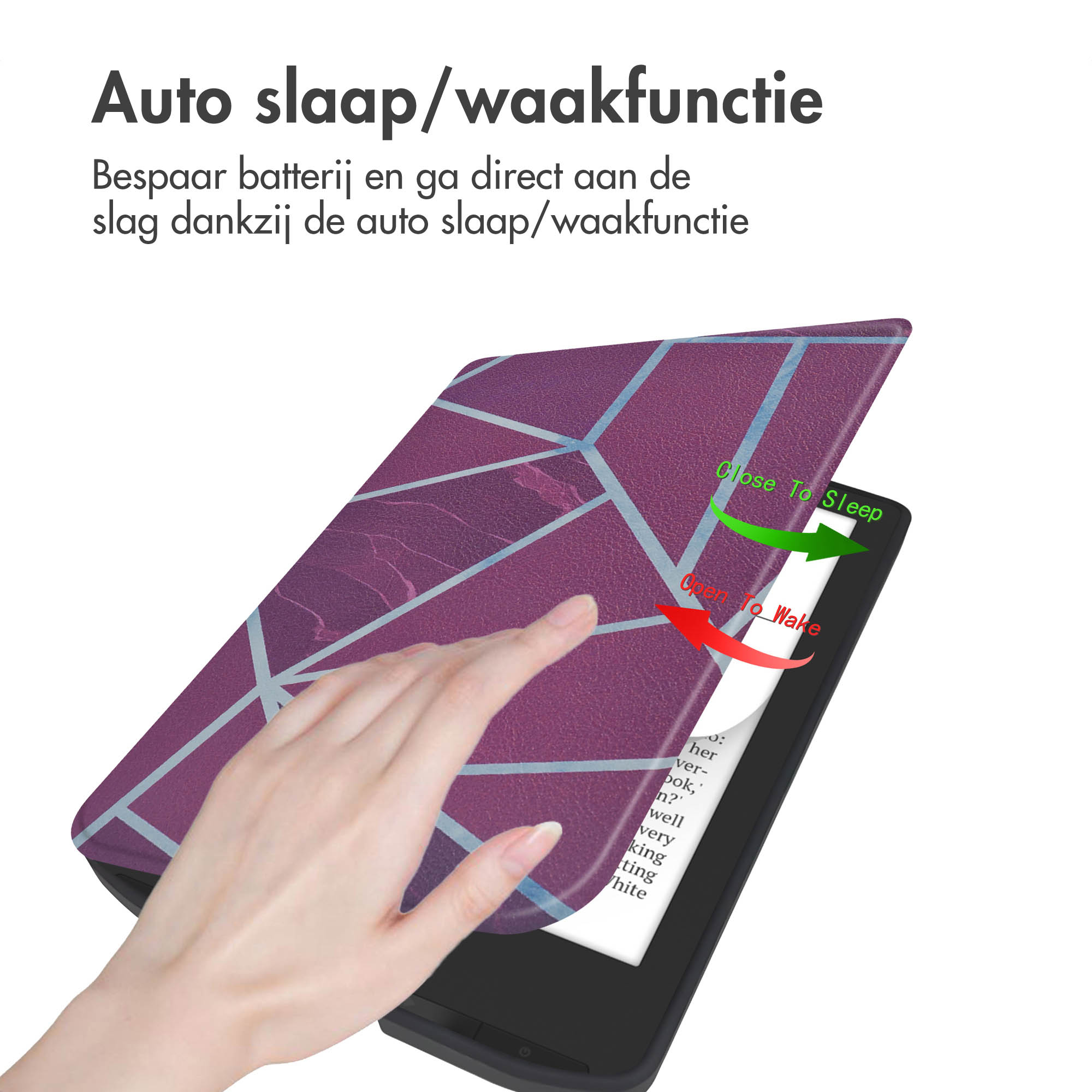 E-reader met een paarse geometrisch patroon hoes. Een hand opent de hoes, toont het scherm.