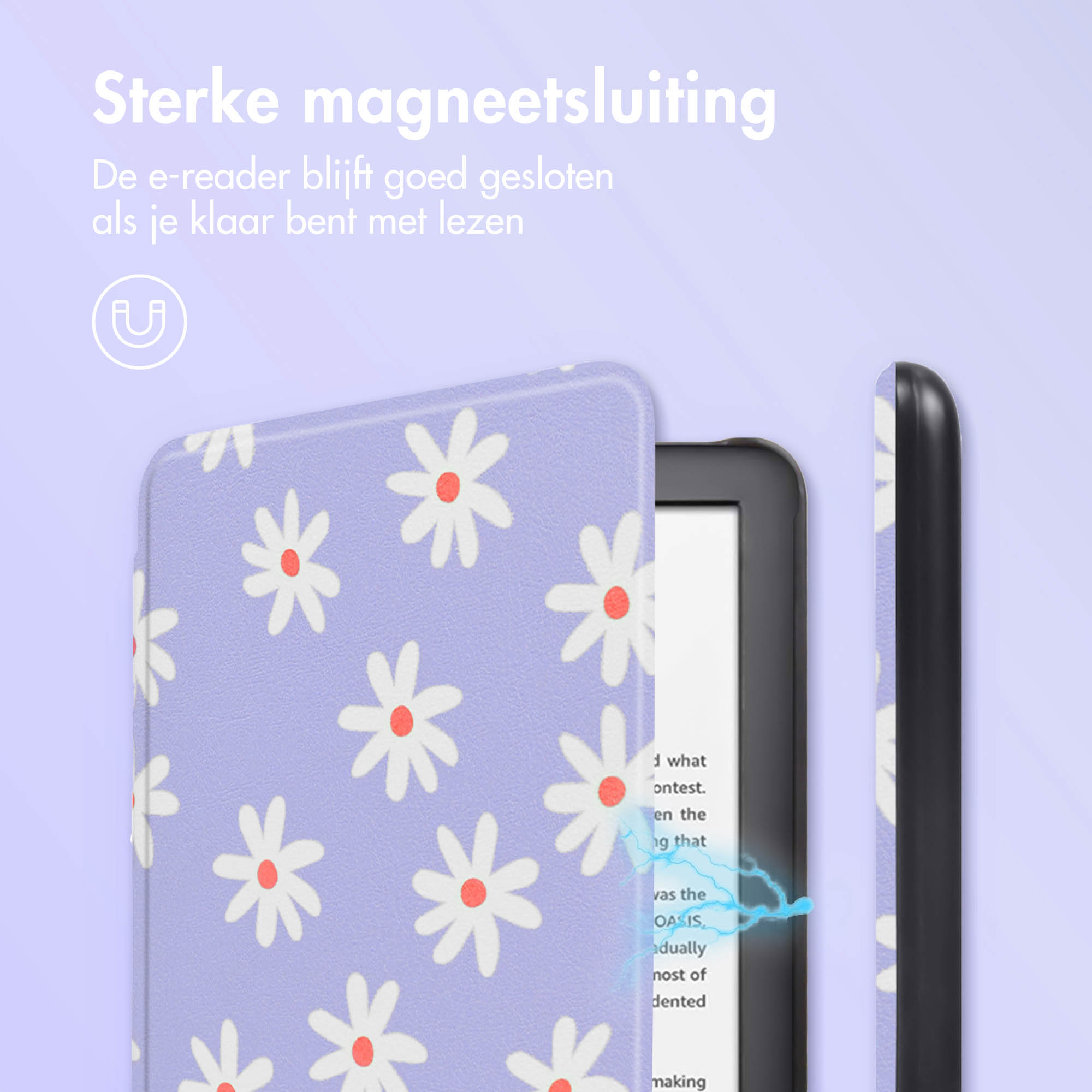 An e-reader with a purple daisy-patterned cover and a strong magnetic closure display.