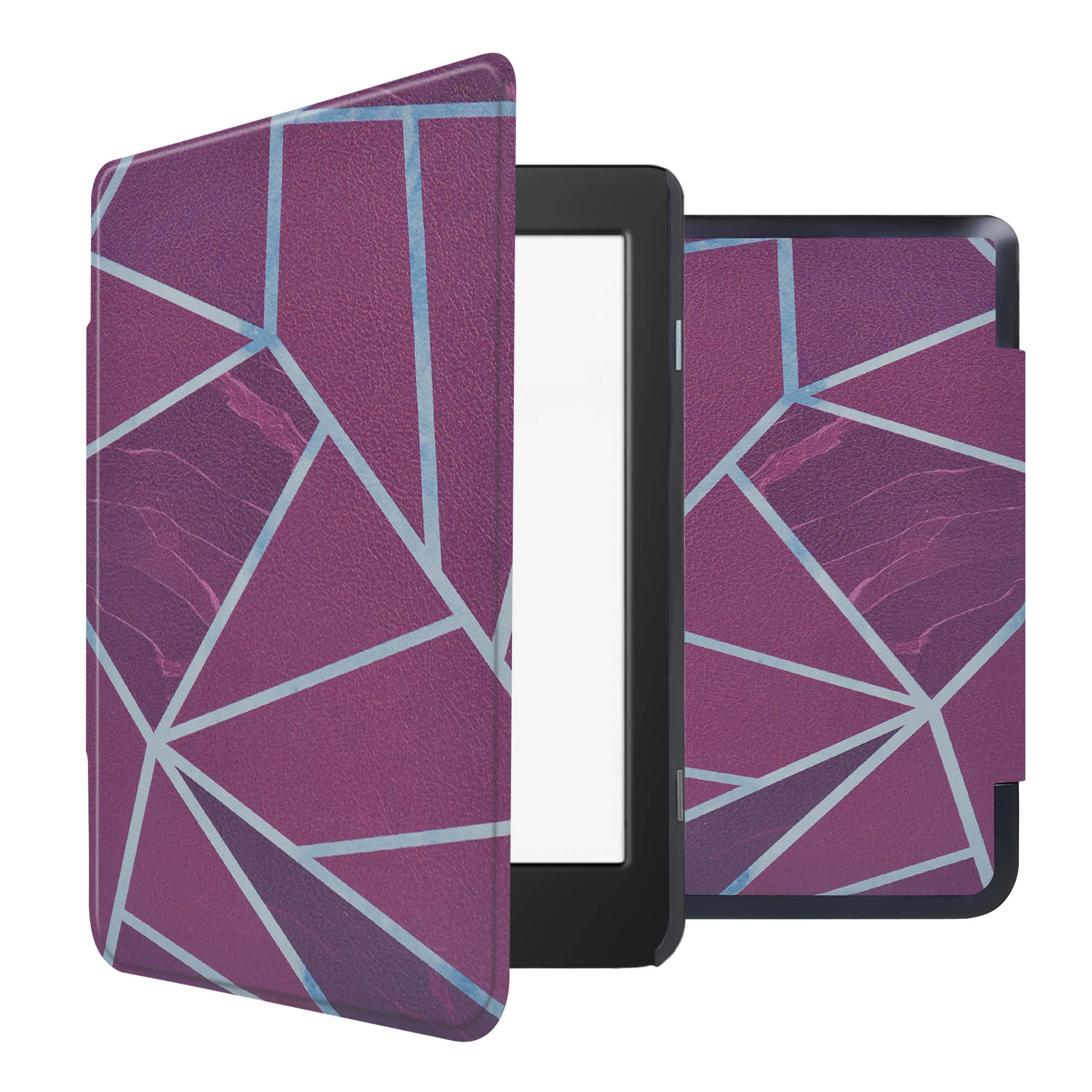 Étui de liseuse violet avec motif géométrique. Étui ouvert, appareil à l'intérieur.