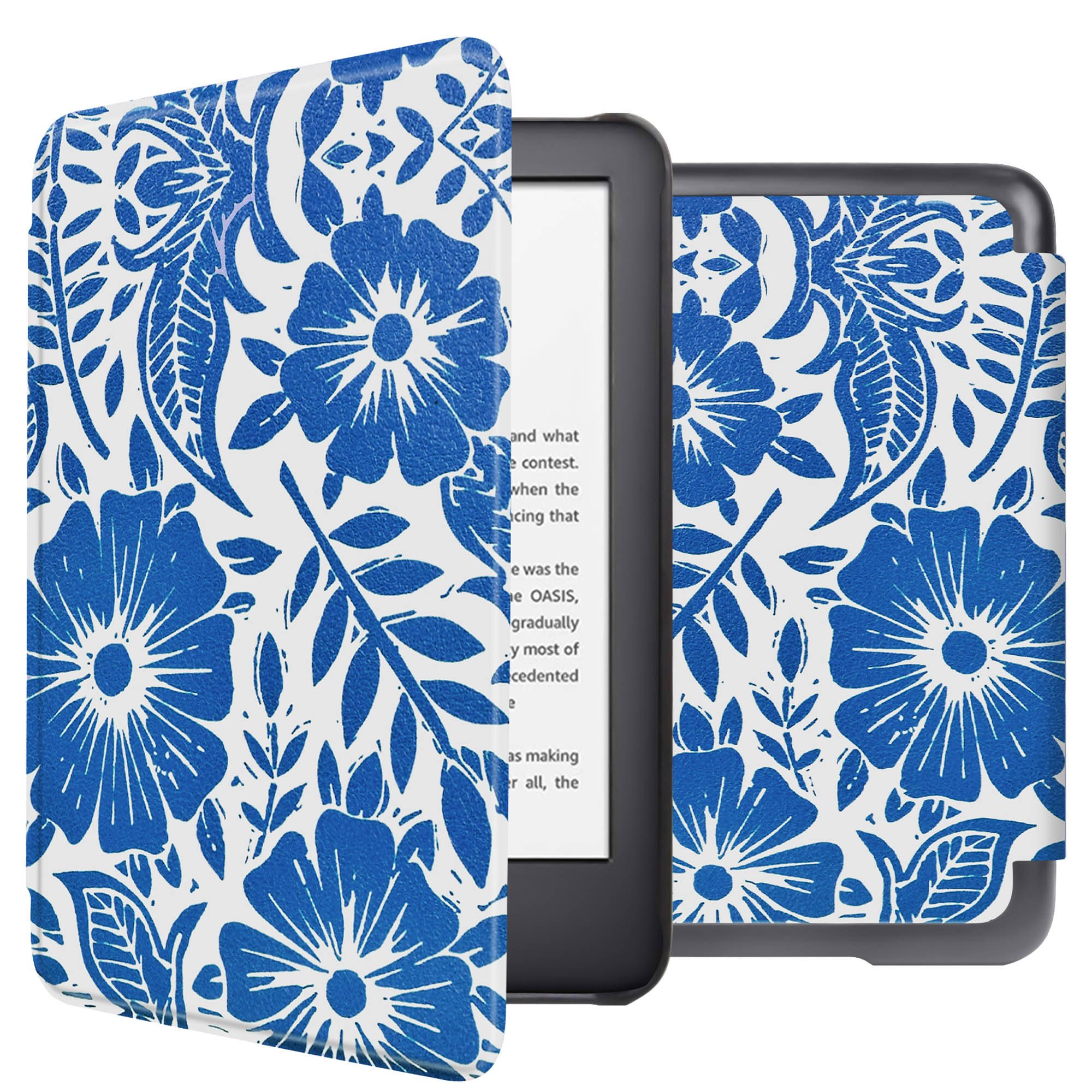 E-reader met blauwe bloemenhoes. Hoes open, scherm zichtbaar. Witte achtergrond.