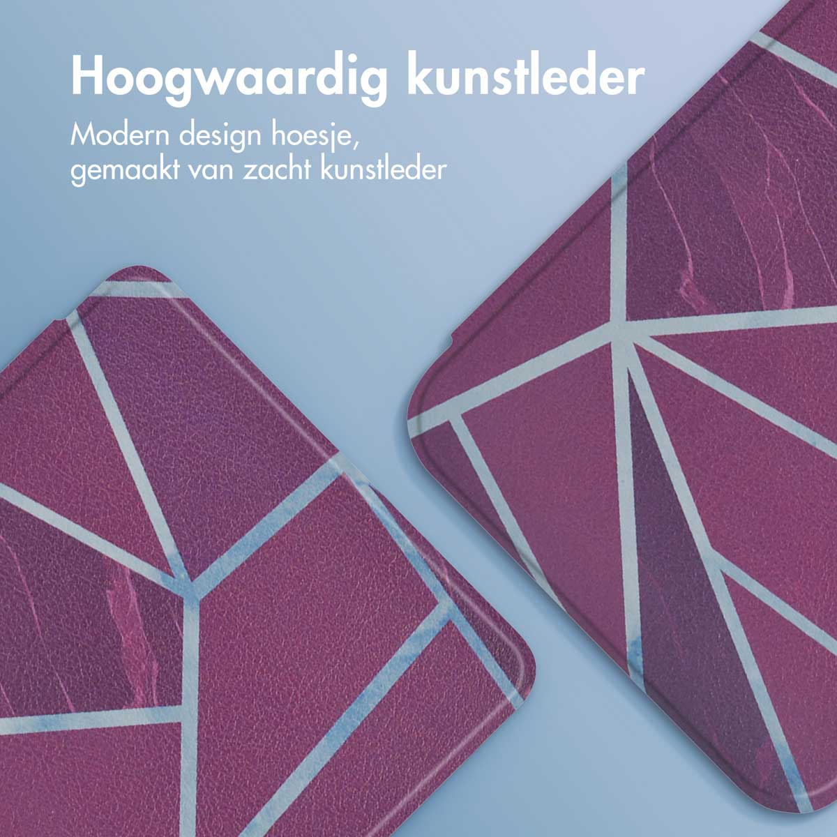 Close-up van twee paarse telefoonhoesjes met geometrisch ontwerp. De hoes is van kunstleer.