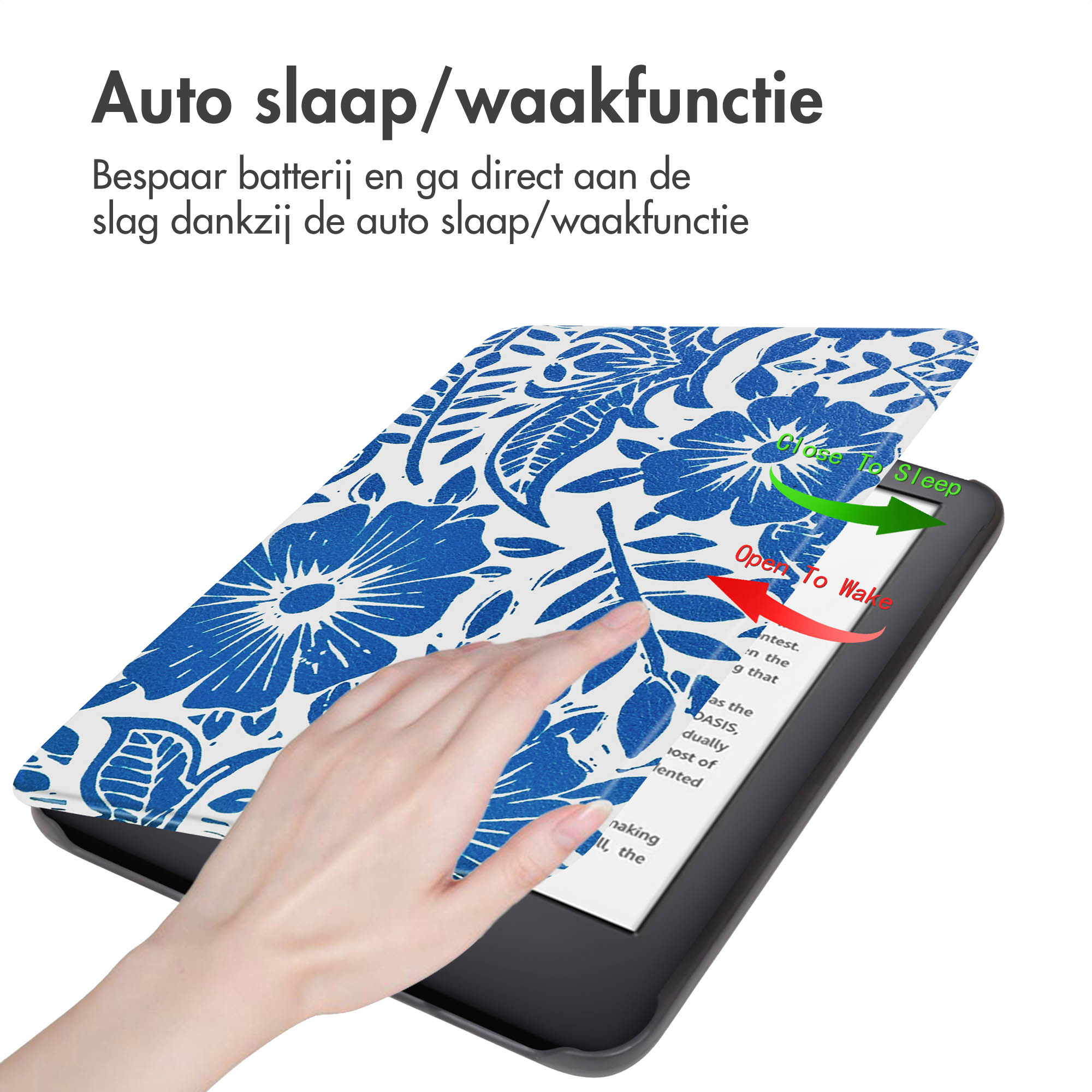 Een e-reader in een blauwe bloemenhoes, met het scherm waarop een boek staat. Een hand raakt het scherm aan.