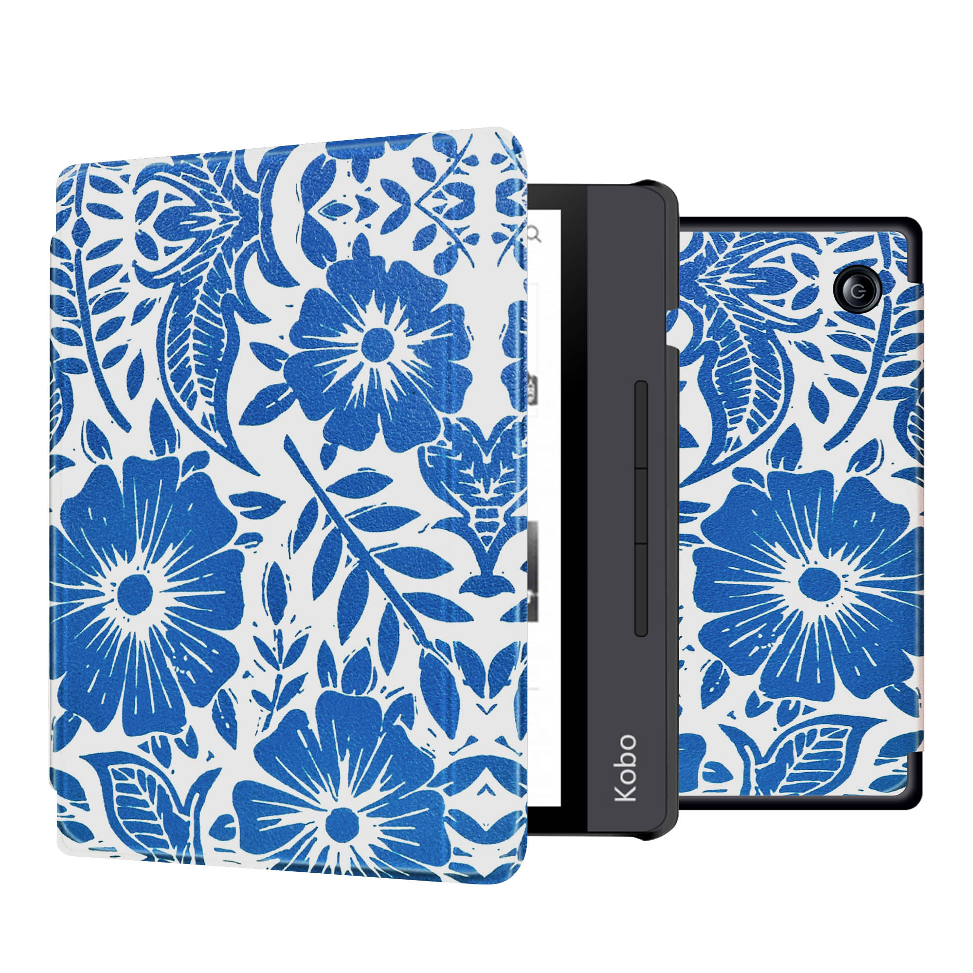 E-reader met een blauw bloemenontwerp, open om tekst te tonen. De hoes heeft een bijpassend patroon.