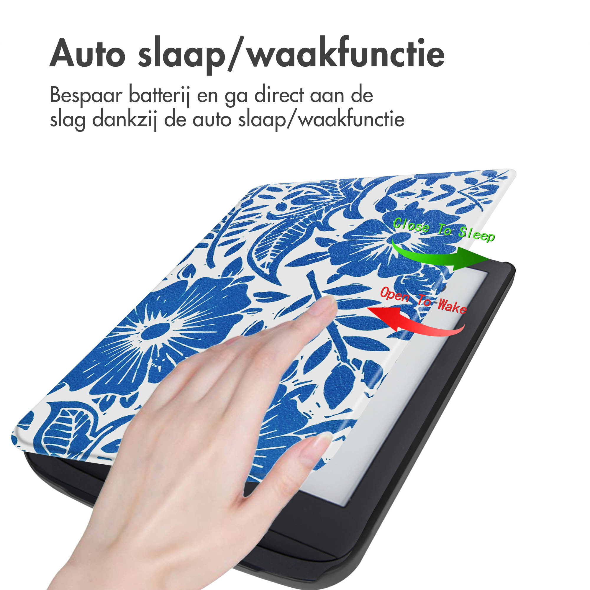 Main touchant une liseuse avec étui floral bleu, ouverte. Texte indique ouvrir pour réveiller, fermer pour dormir.
