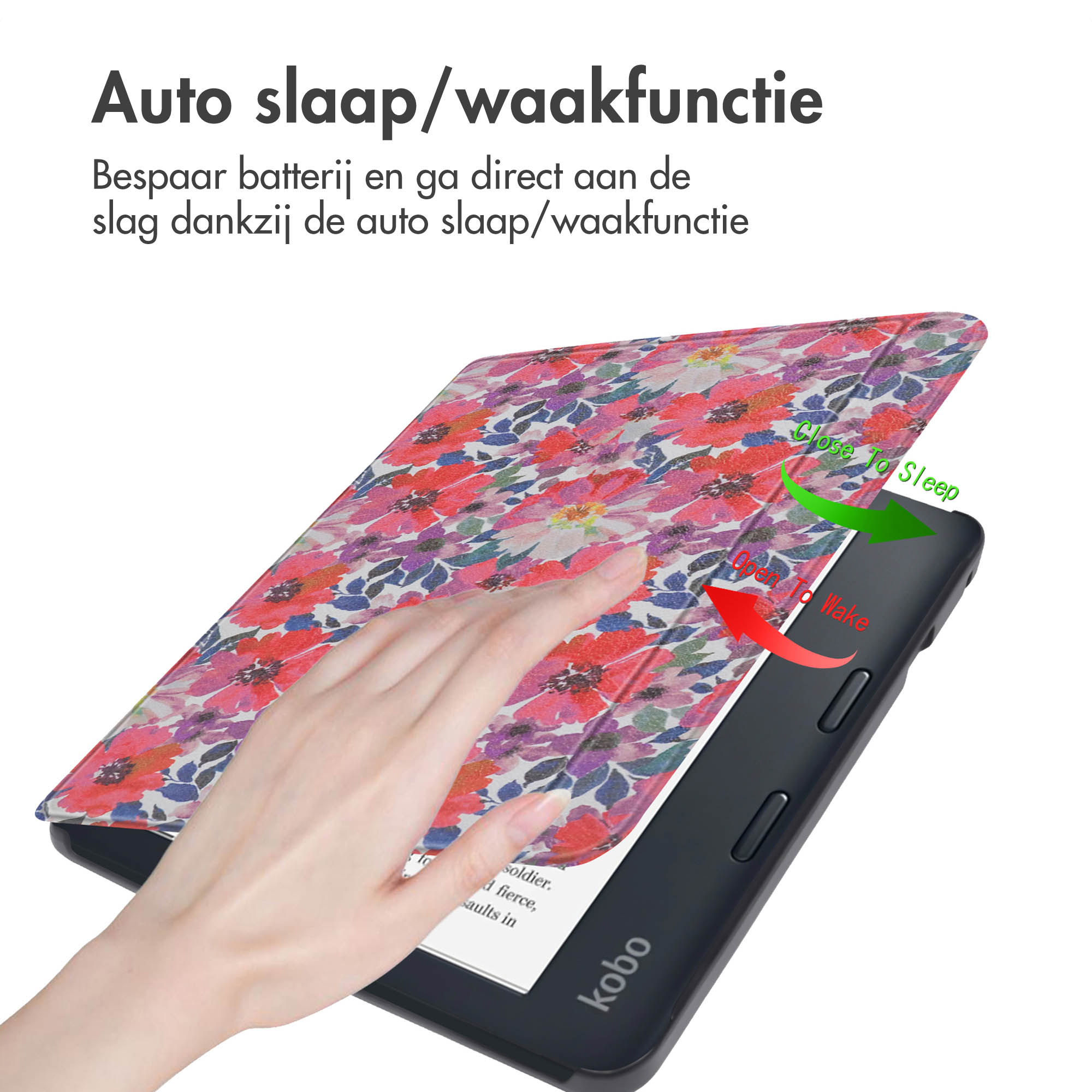 Une main ouvre une couverture florale sur un lecteur électronique Kobo. Le texte indique la fonction de mise en veille/réveil automatique.