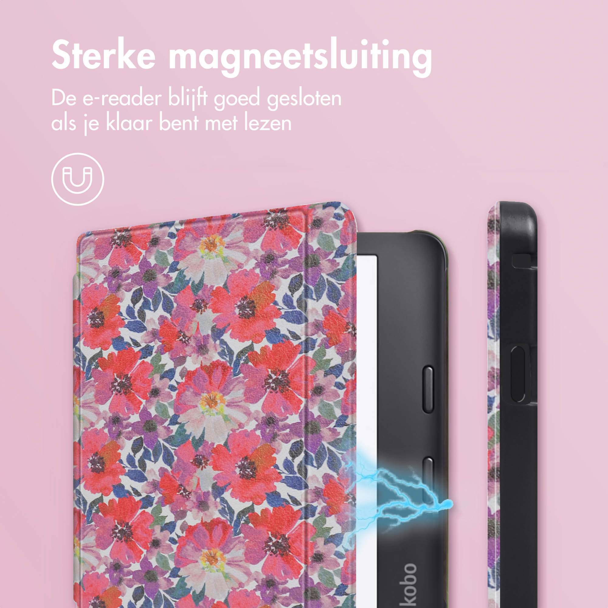 Un lecteur ebook avec une couverture florale est montré. La couverture a une fermeture magnétique. Le fond est rose.