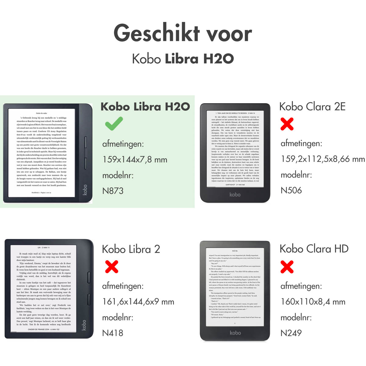 Vier e-readers worden getoond, met één uitgelicht. Tekst geeft het compatibele model aan.