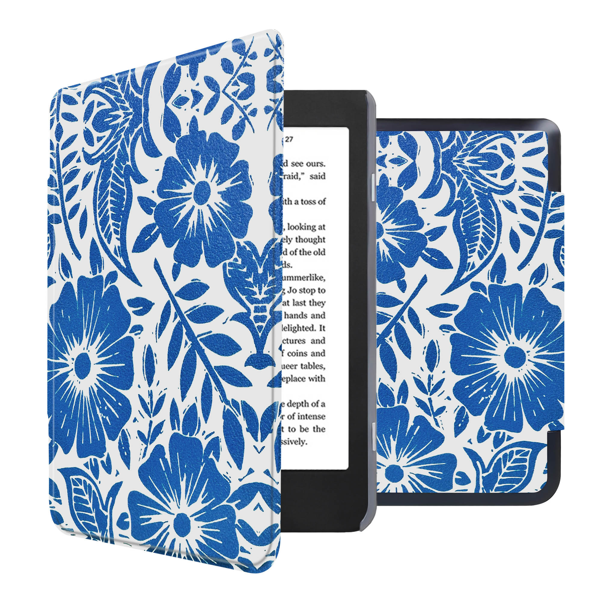 Étui de liseuse ouvert, avec motif floral bleu sur blanc. La liseuse est visible avec du texte sur l'écran.