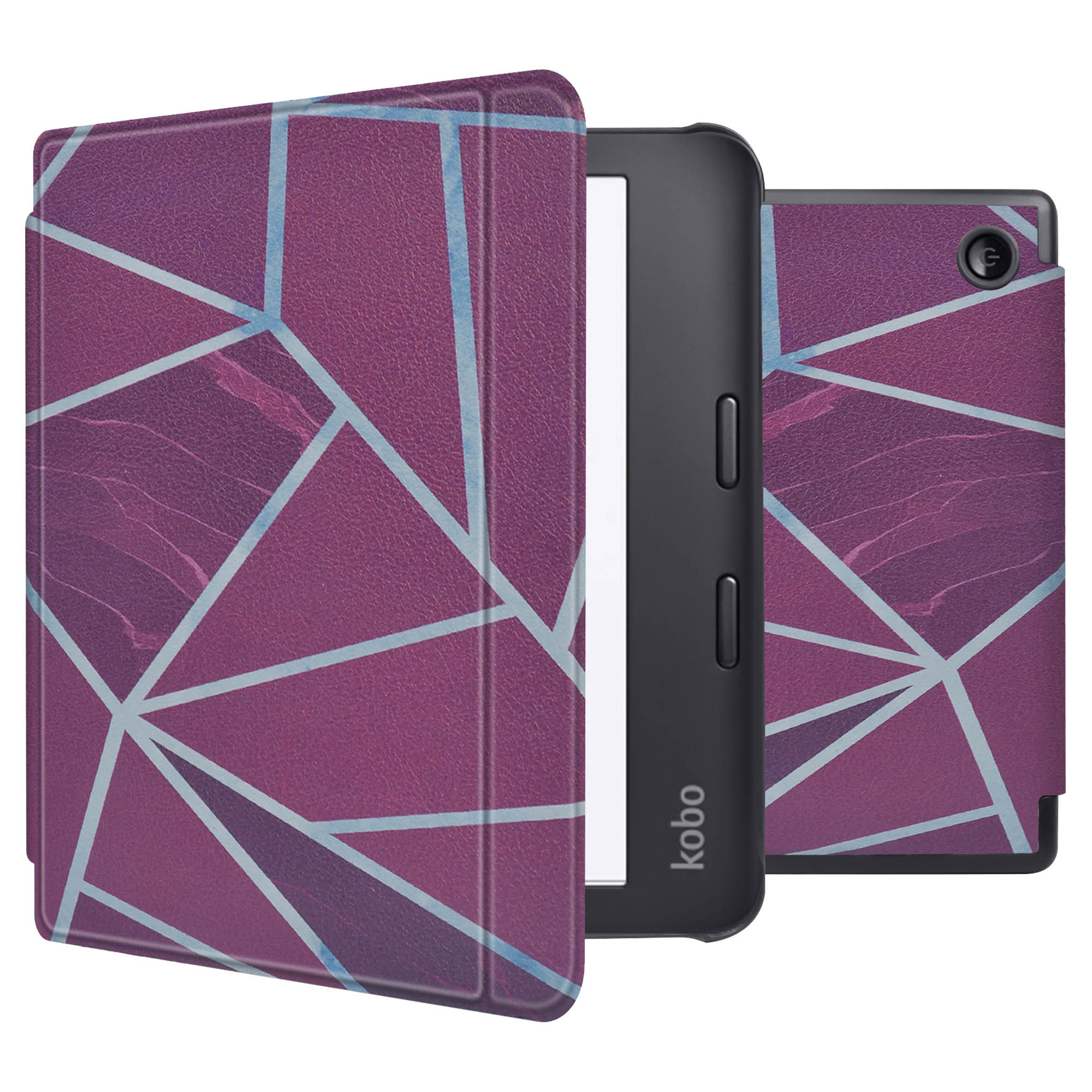 Une liseuse dans un étui au design géométrique violet, ouverte. L'appareil est noir.
