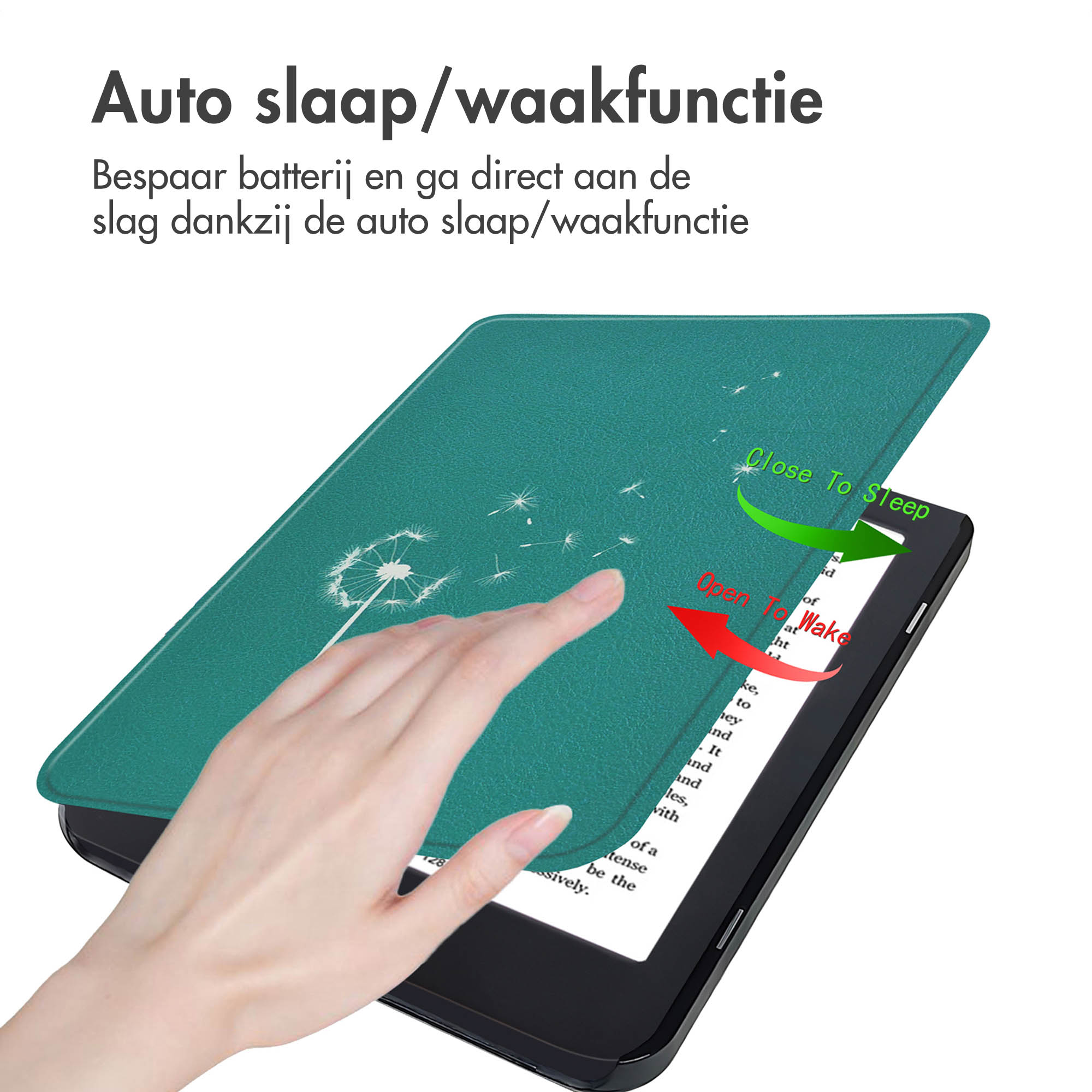 A finger touches a green case with dandelion print on an e-reader.