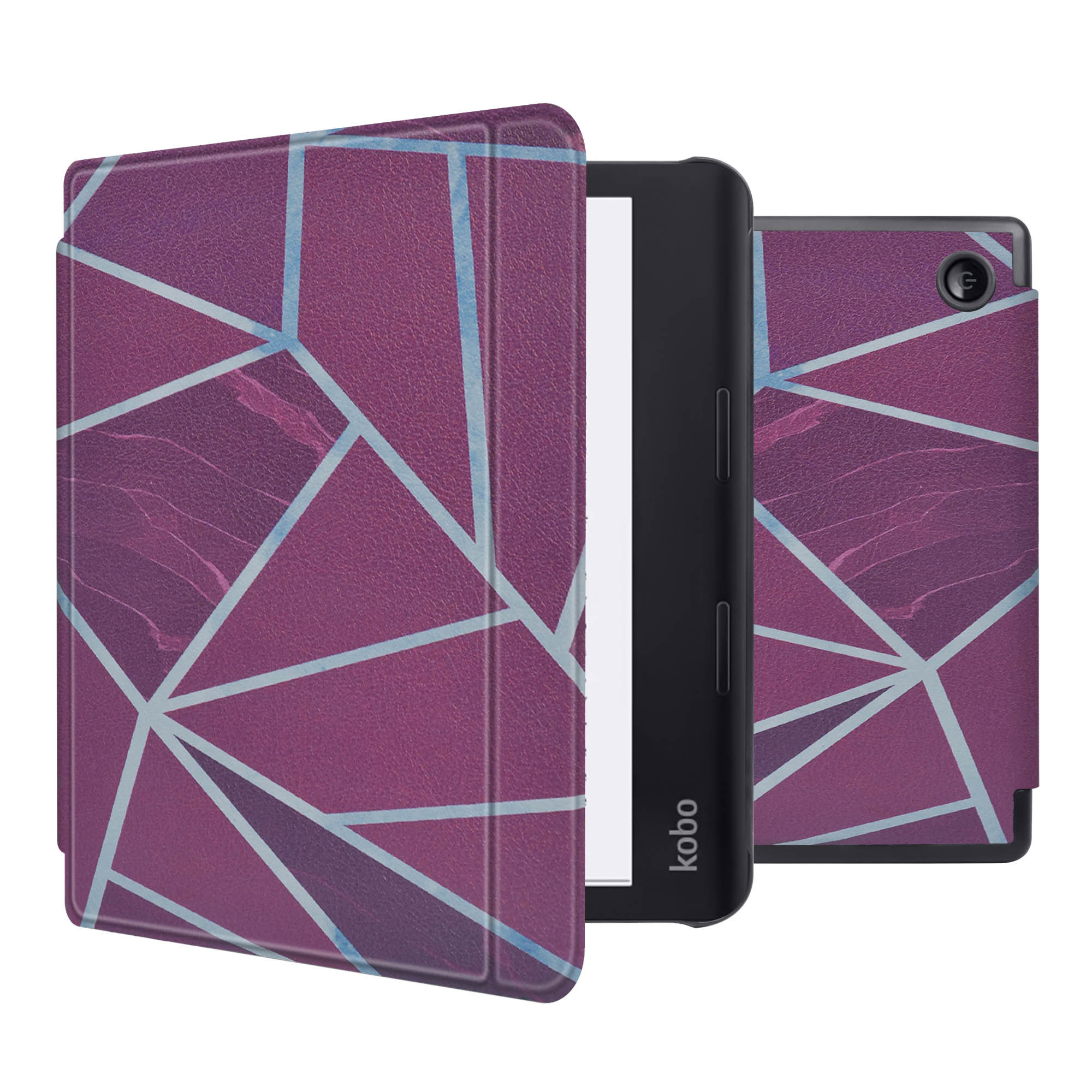 Paarse e-reader met geometrisch patroon. Hoes open, apparaat weergegeven. Kobo merk zichtbaar.