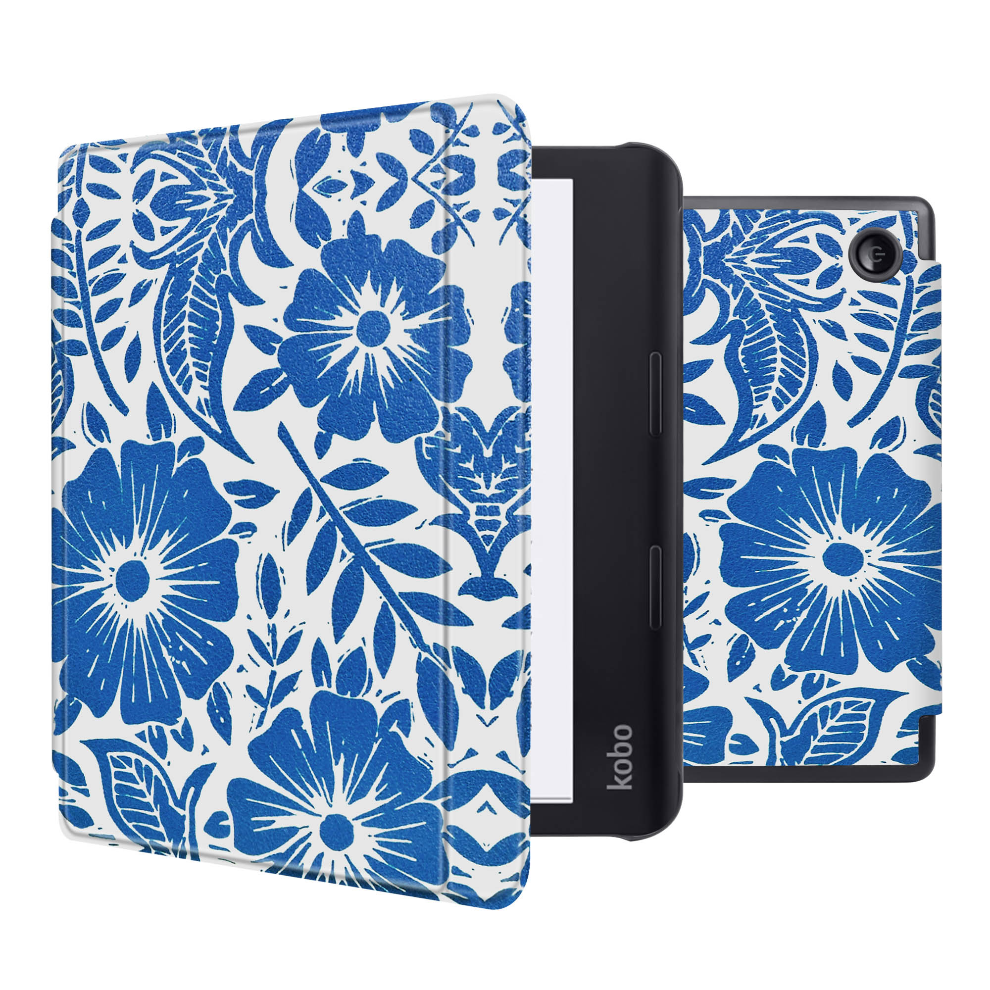 E-reader met een blauwe bloemenhoes, open om tekst weer te geven. De hoes heeft blauwe bloemen.