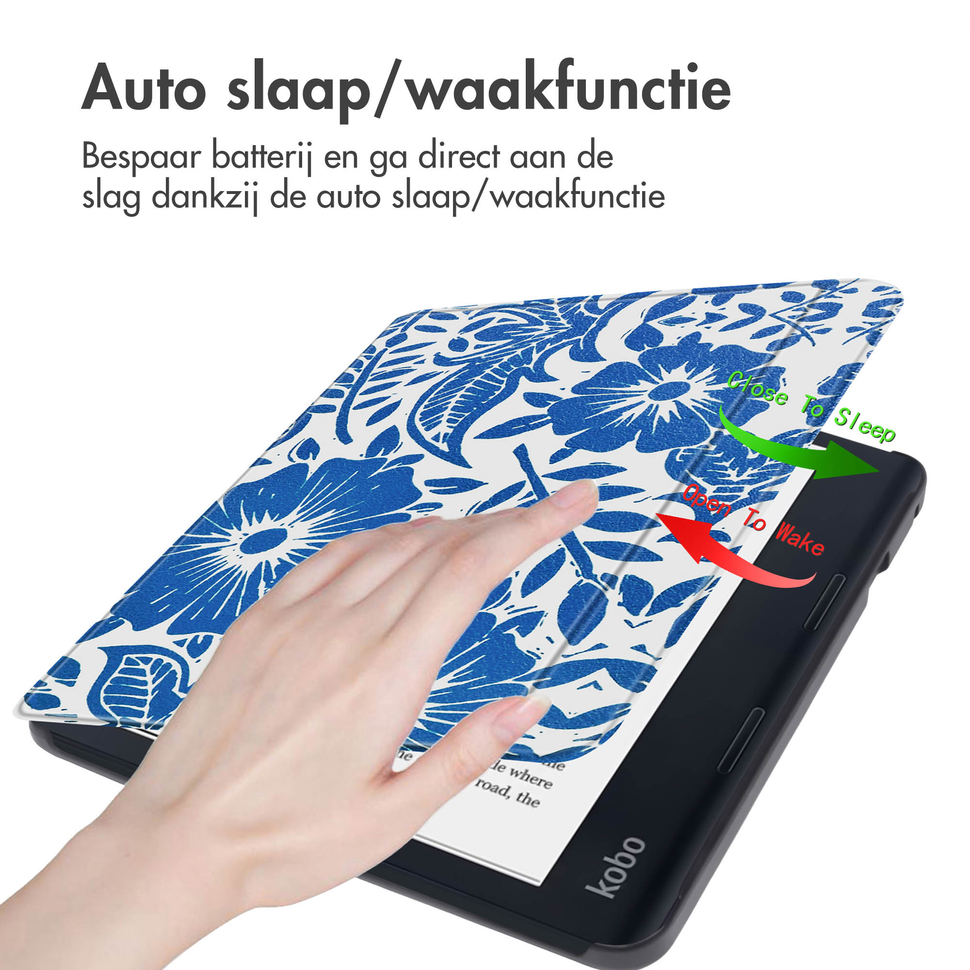 E-reader met blauwe bloemenhoes, wordt aangeraakt. Tekst: 'Auto sleep/wake function'. Pijlen wijzen naar wake/sleep.