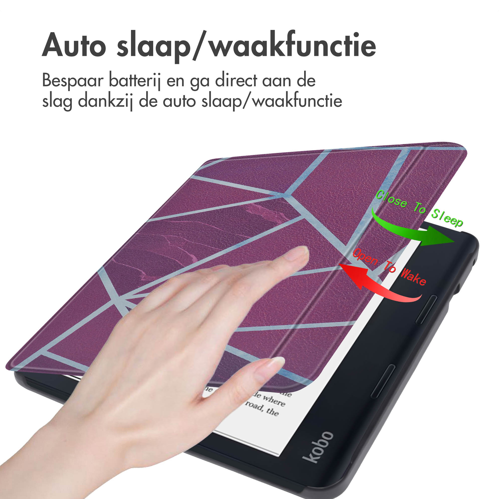 E-reader met een hoes. De hoes heeft een paars geometrisch ontwerp. Tekst: Automatische slaap/wake-functie. Hand in de buurt.