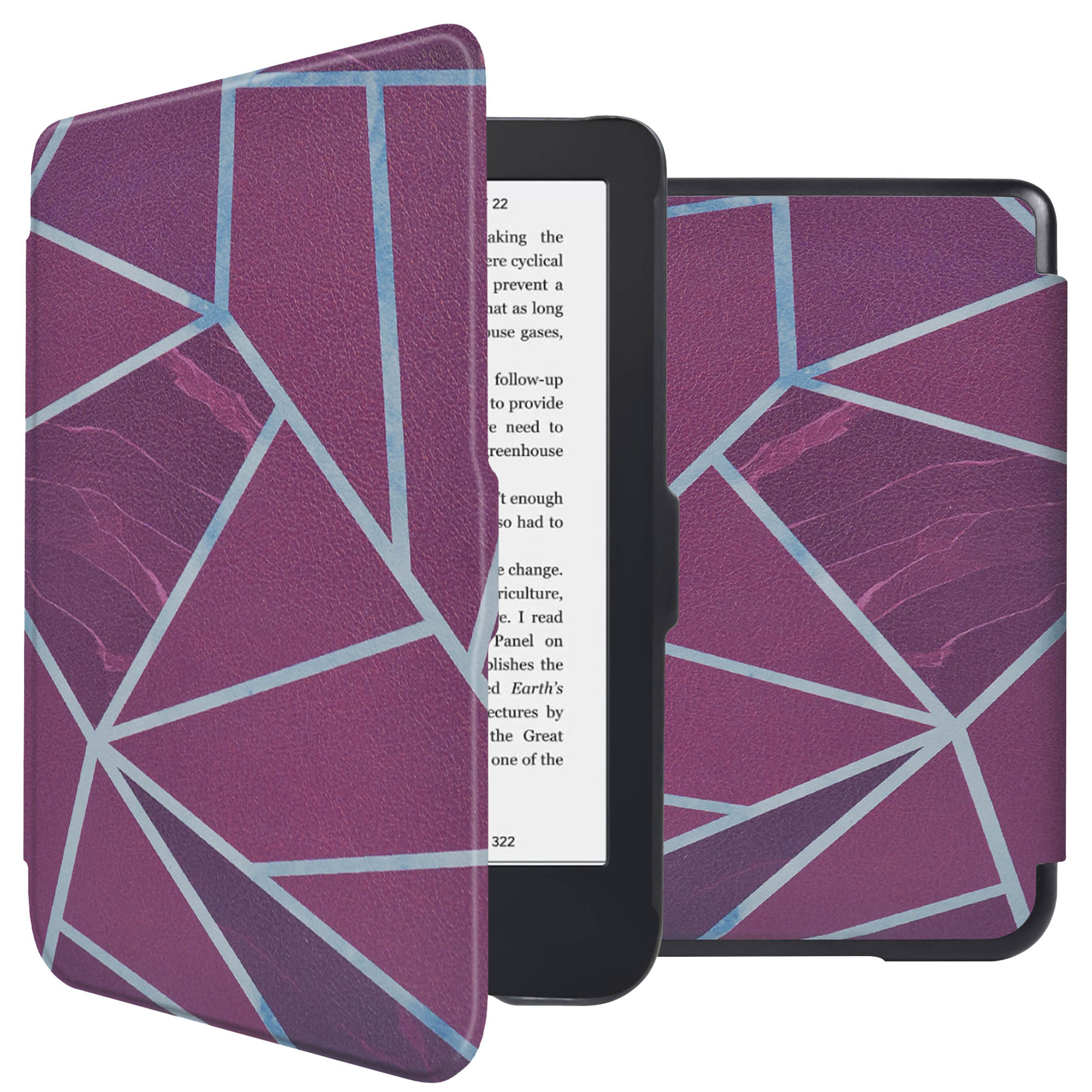 Une main ouvre l'étui d'un lecteur Kobo avec un design géométrique. Le texte indique veille/réveil auto.