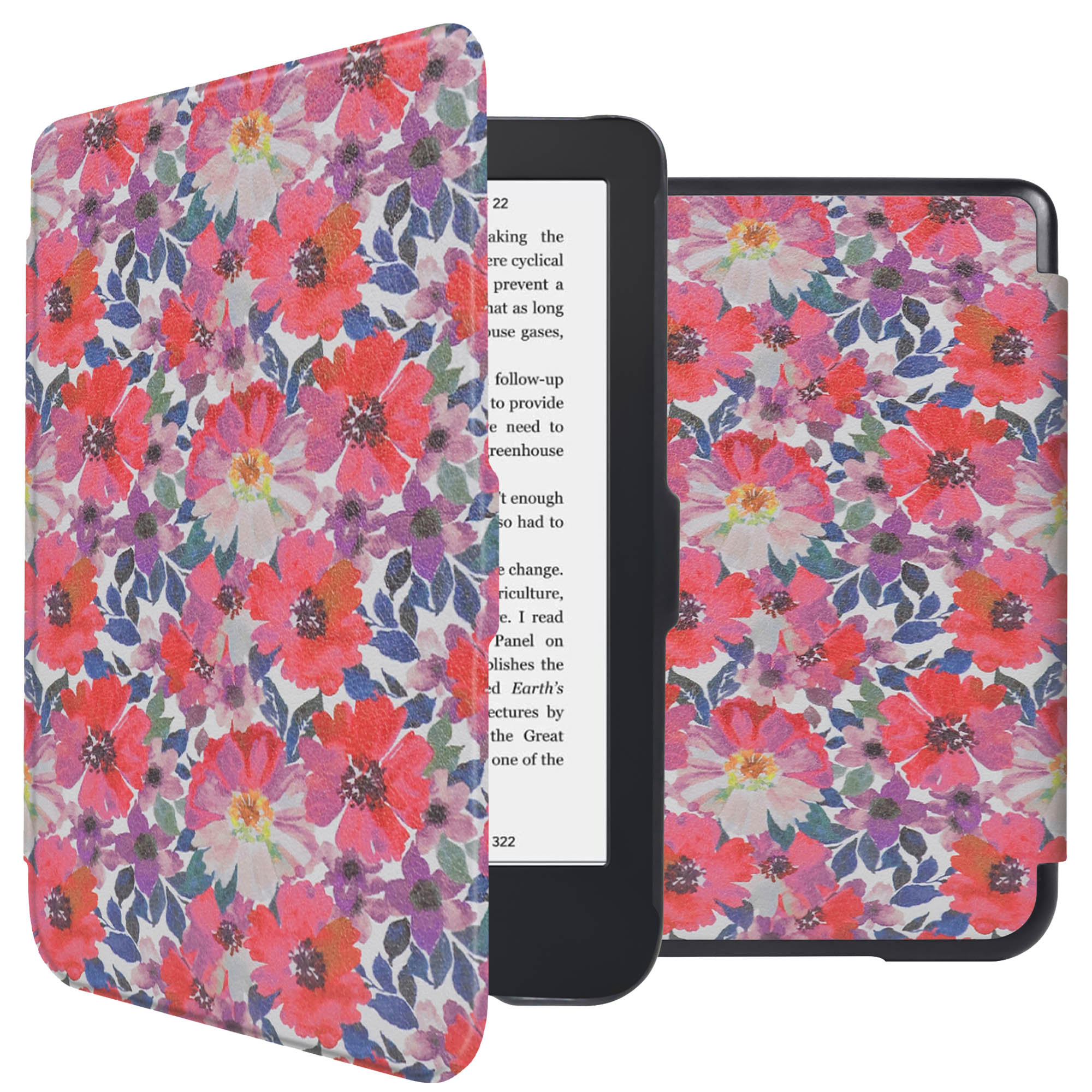 Liseuse dans un étui floral, fleurs rouges, roses et violettes, avec du texte à l'écran.