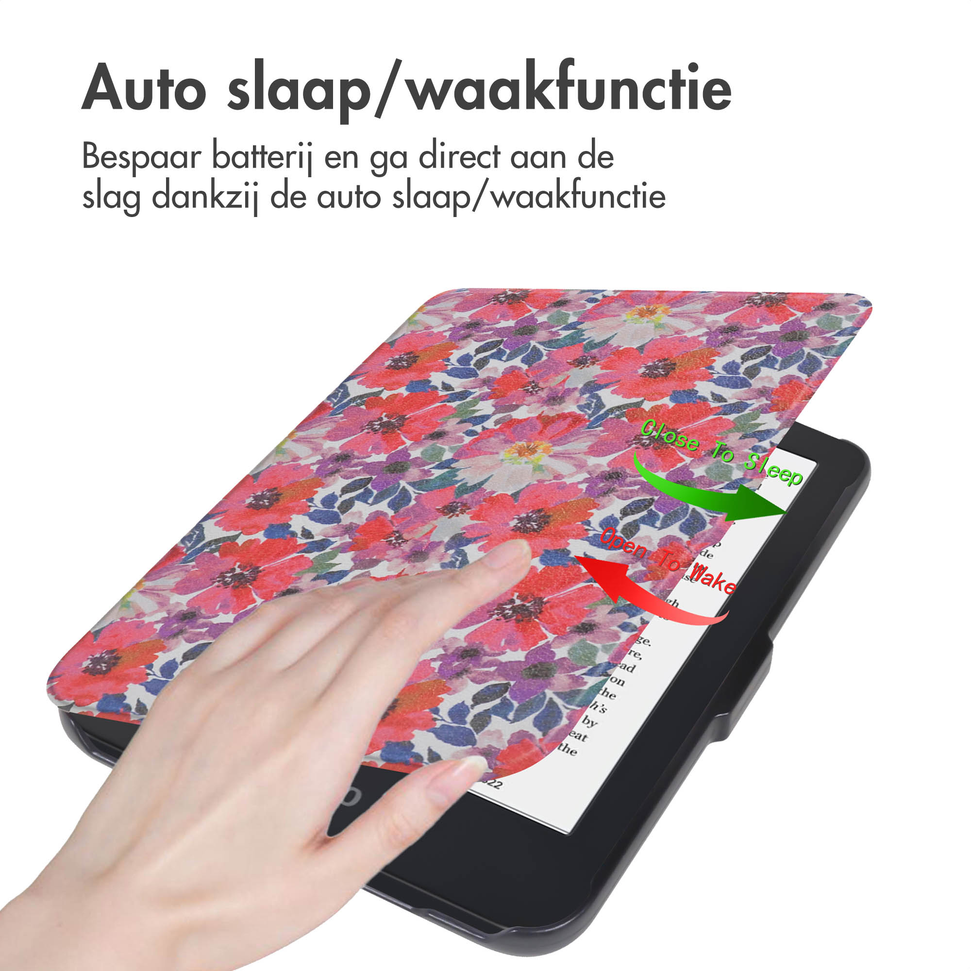 Une liseuse avec une couverture florale, montrant ouvrir/fermer pour fonction veille/réveil.