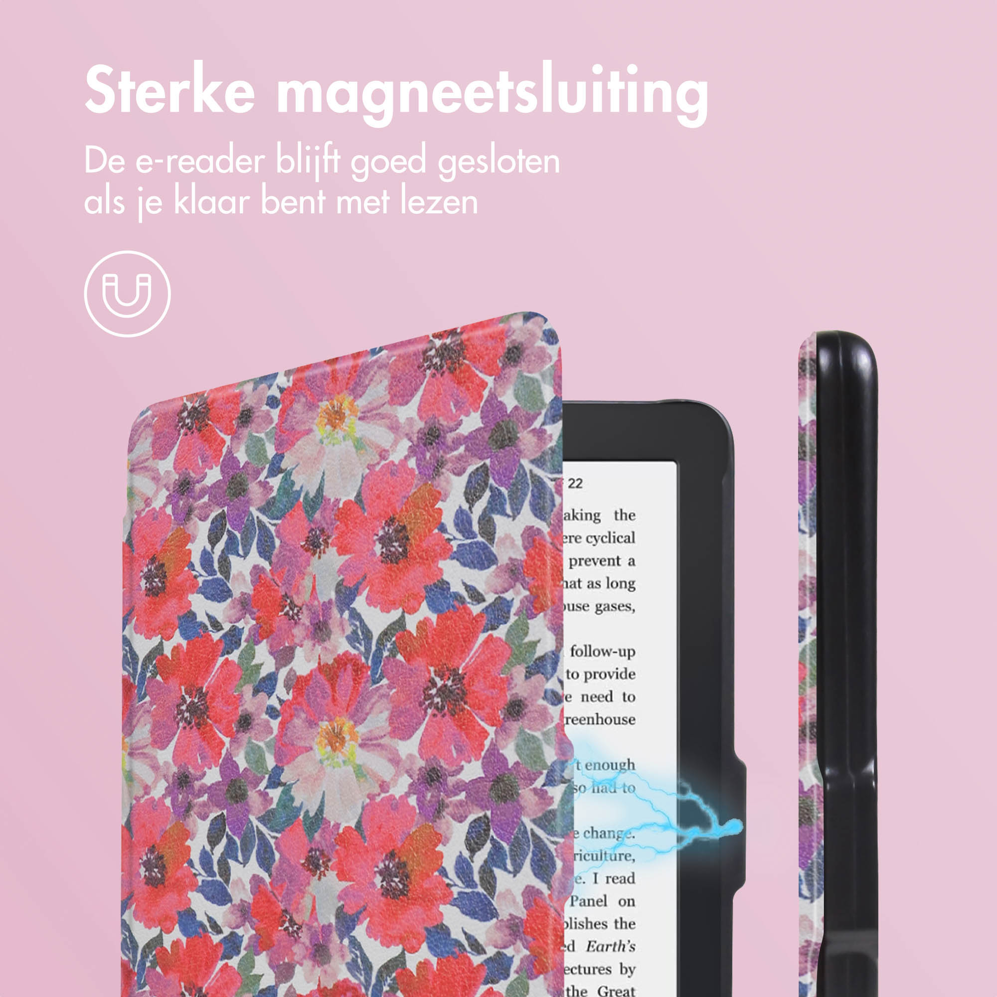 Un lecteur ebook avec un étui floral ouvert, montrant du texte. Une fermeture magnétique est indiquée.