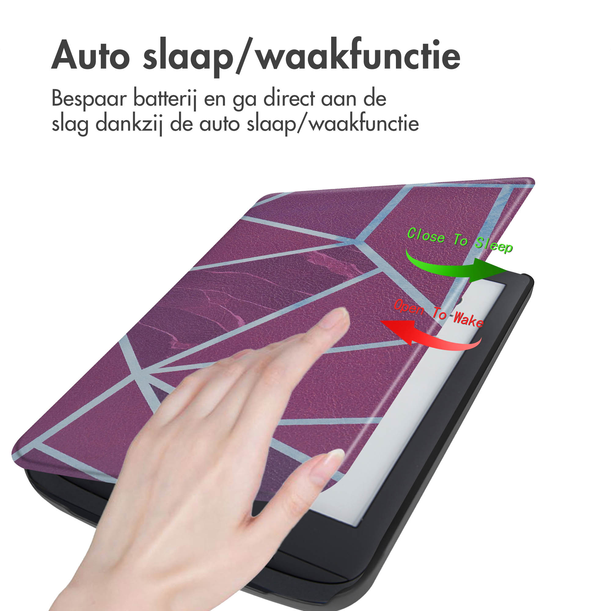 Une main ouvre l'étui d'un lecteur Kobo avec un motif floral. Le texte indique la fonction veille/réveil auto.