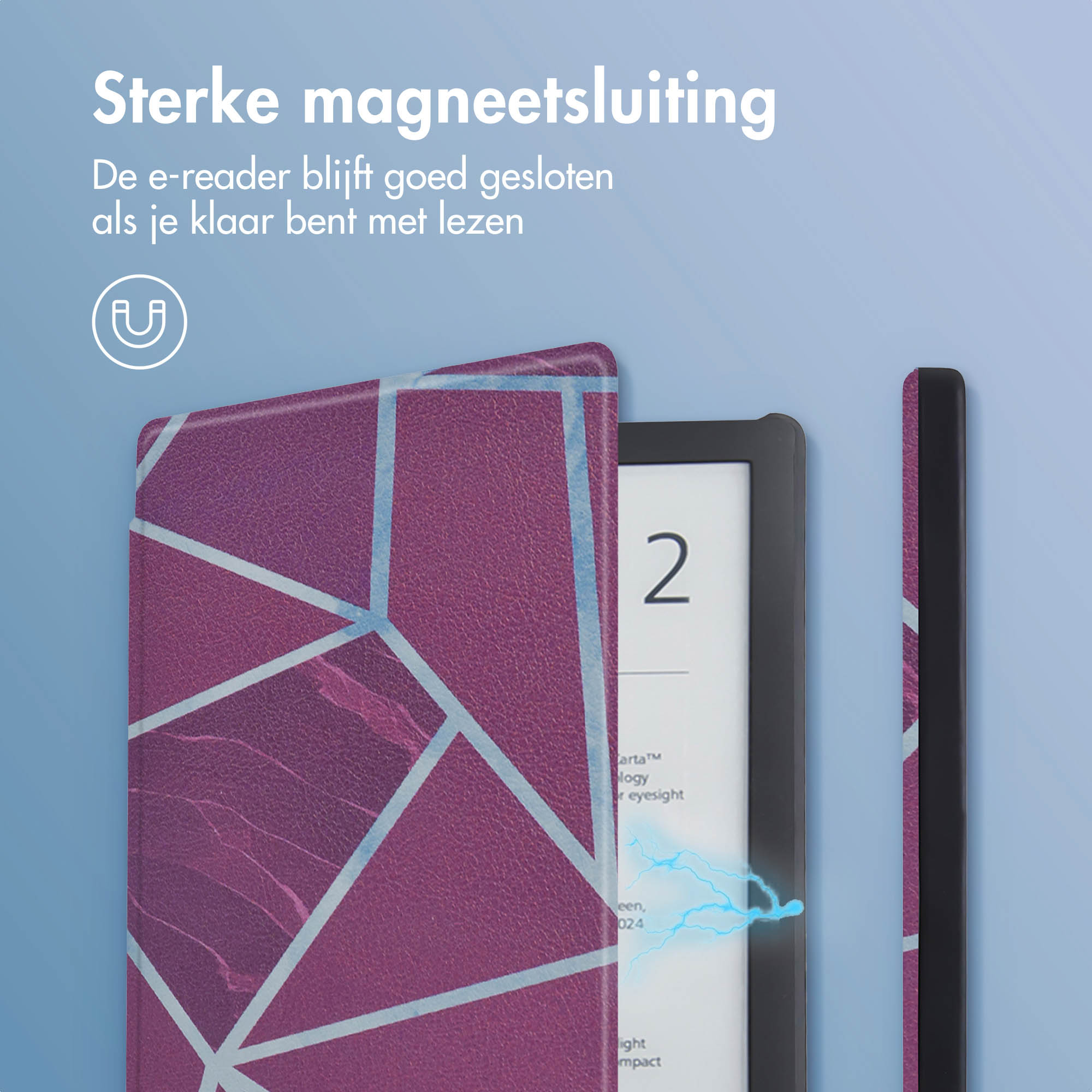 Liseuse avec une housse montrant une fermeture magnétique. Housse fermée avec un design violet.