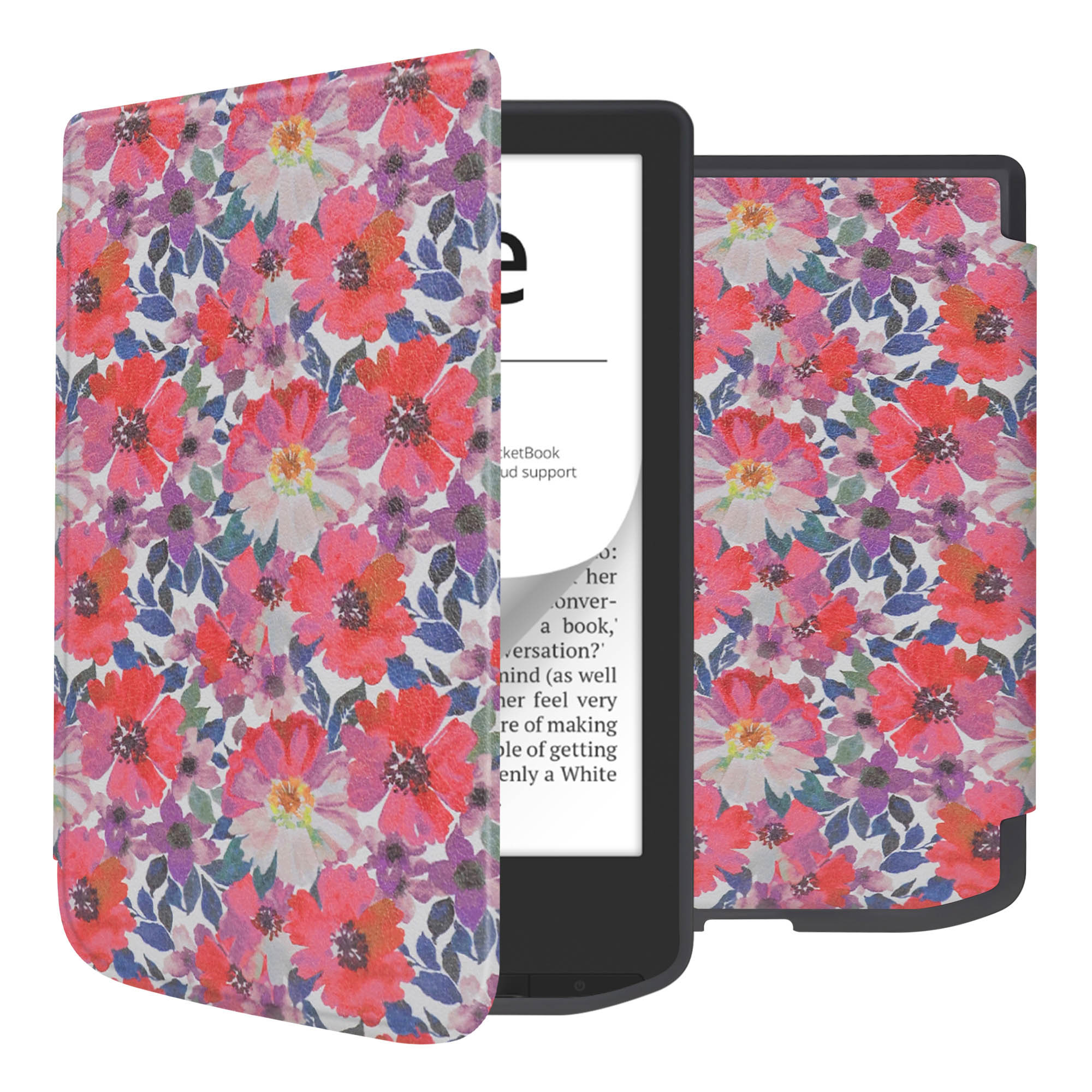E-reader in een hoesje. De hoes heeft een bloemenpatroon met rode bloemen. Zwarte e-reader.