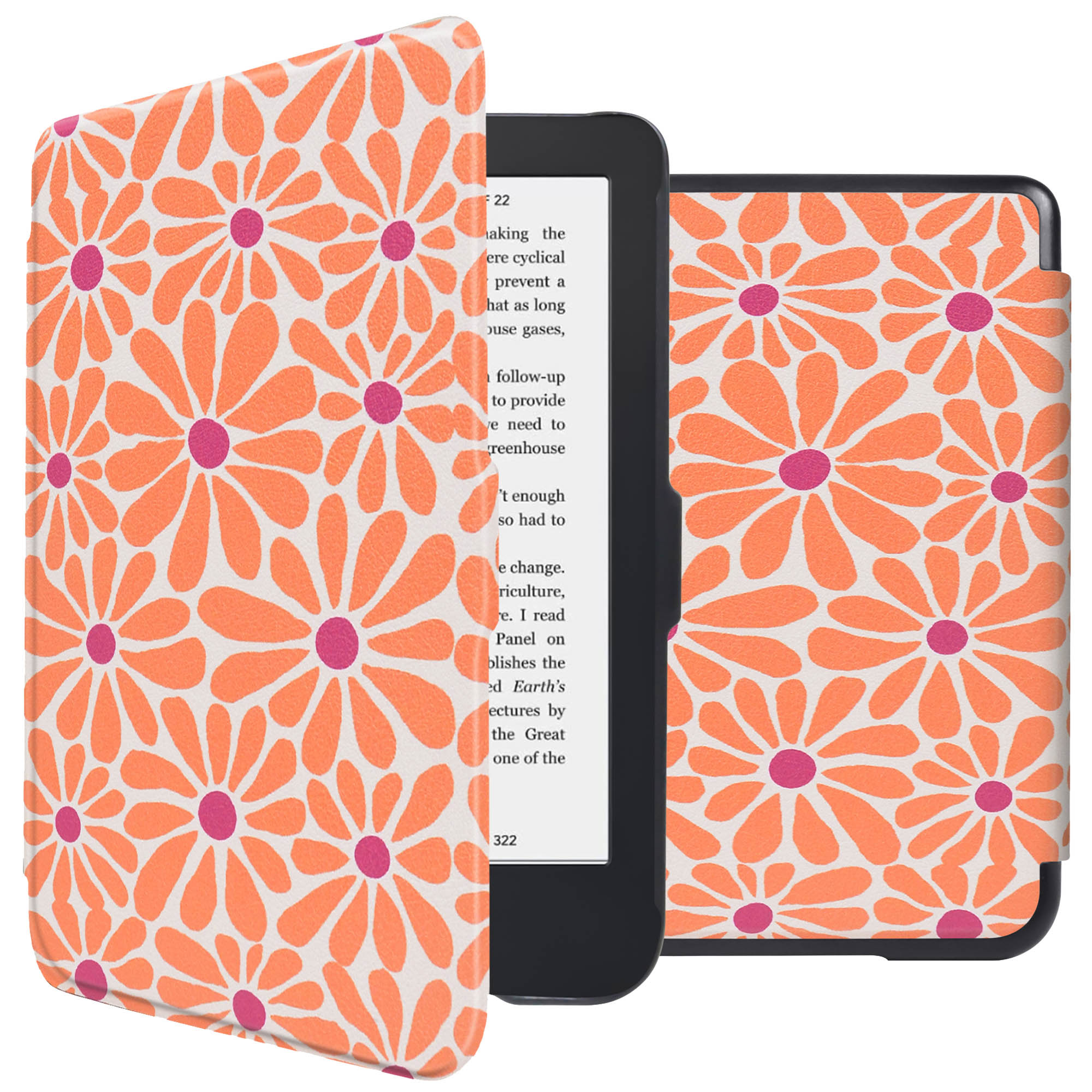 Une liseuse avec un étui floral orange, ouverte pour montrer l'écran avec du texte.
