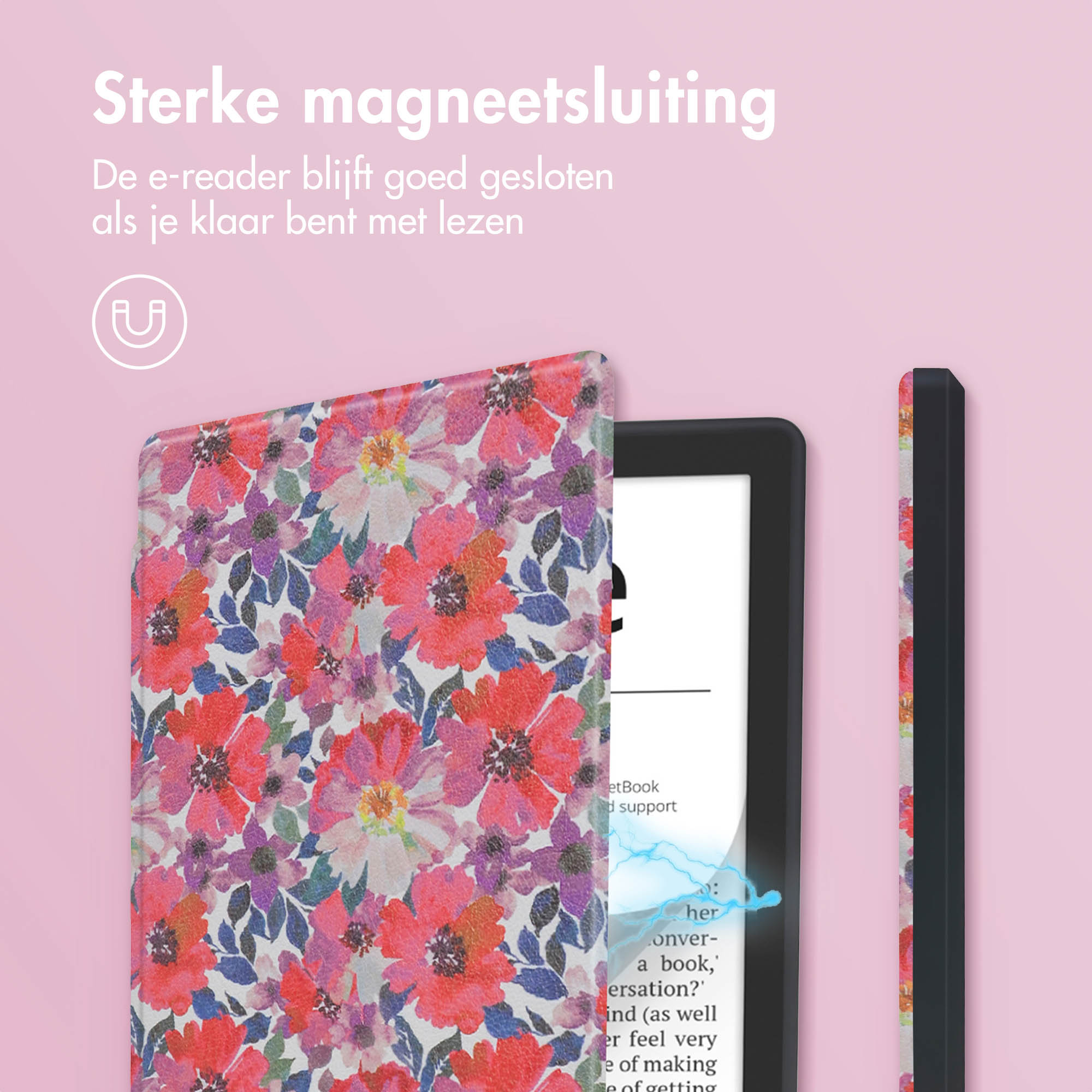 E-reader met bloemenpatroon hoes, magnetische sluiting, op roze achtergrond.