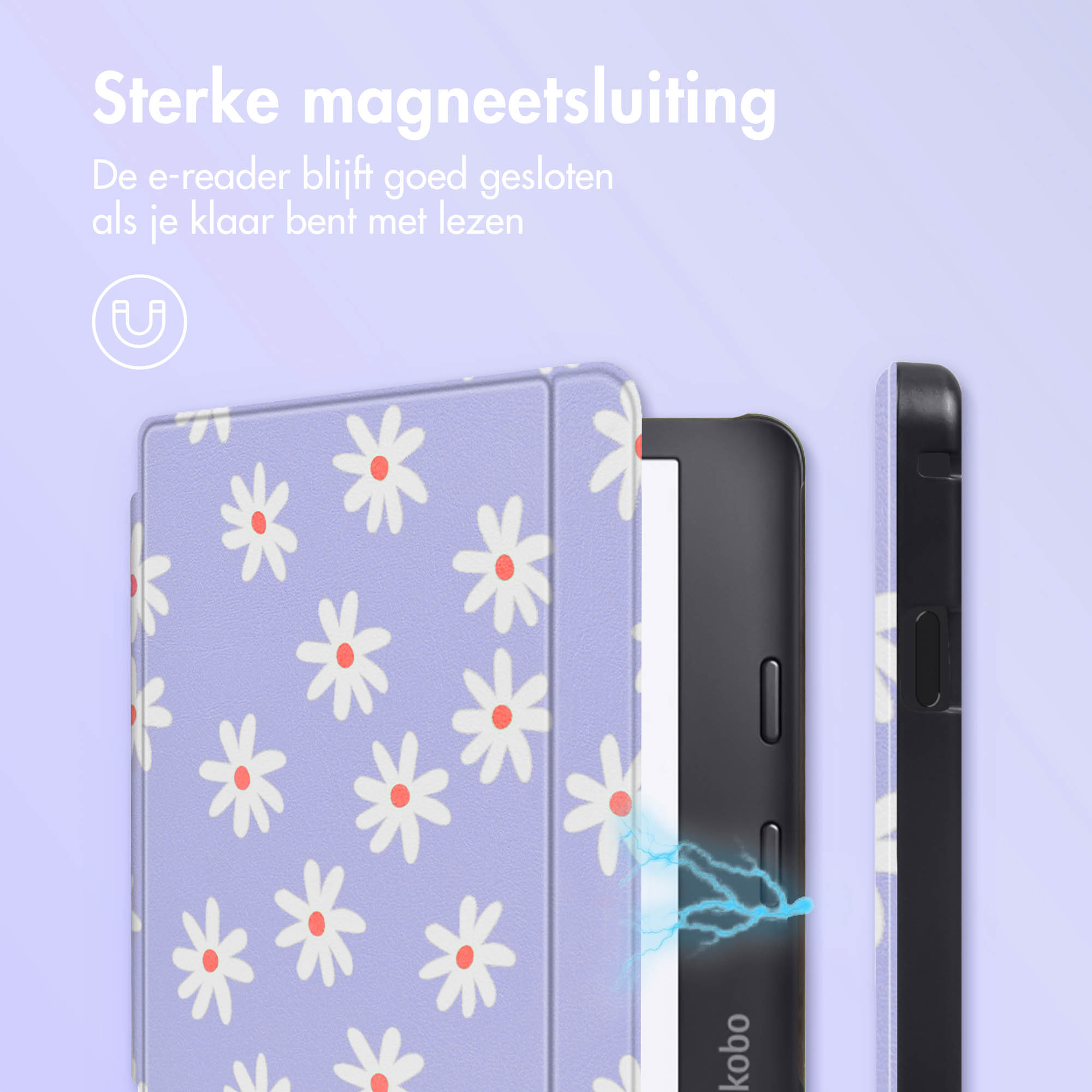 Une liseuse avec une housse à motifs de marguerites. La housse est violette, et les marguerites sont blanches et orange.