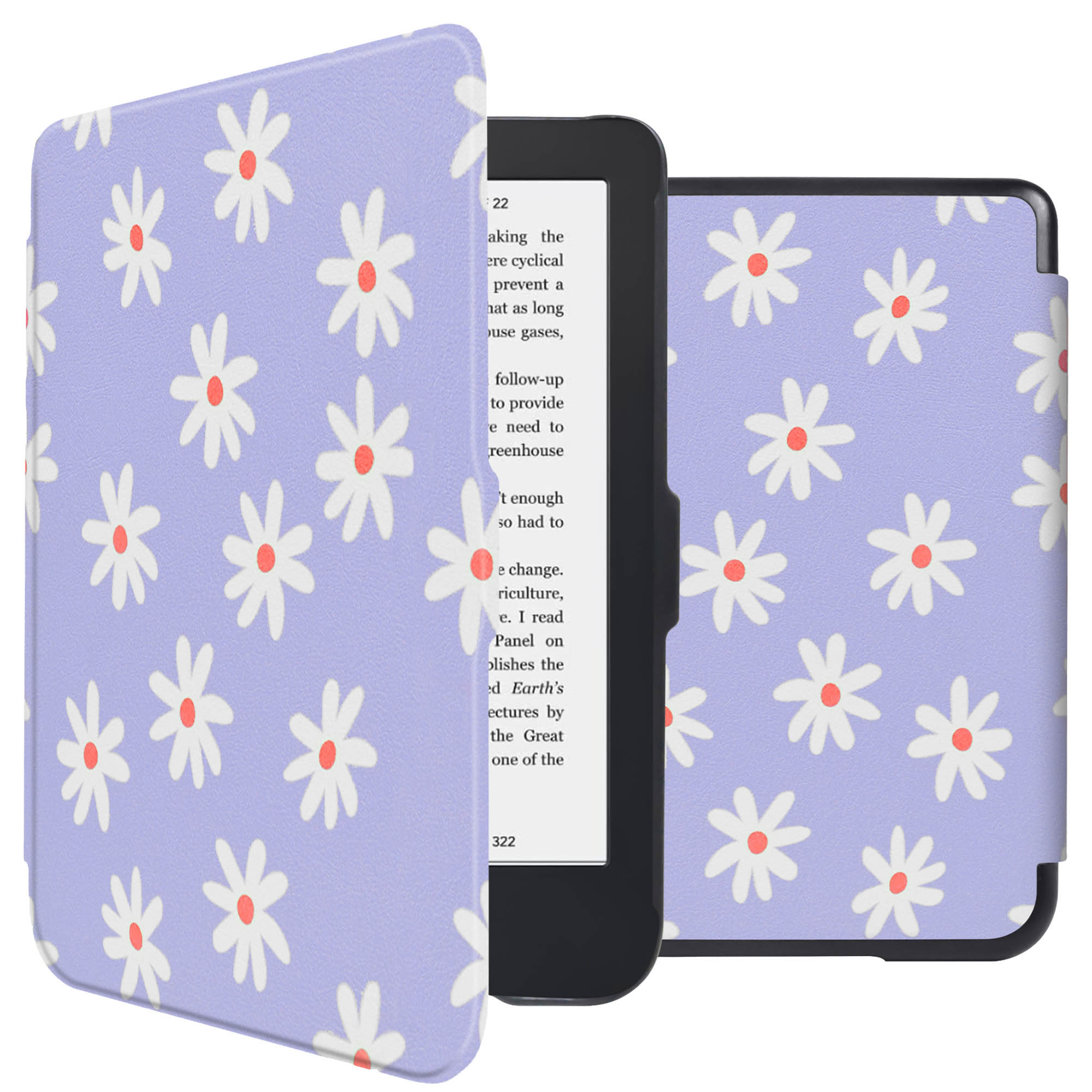 Liseuse avec une housse à motifs de marguerites. La housse est ouverte, affichant l'appareil et l'écran.