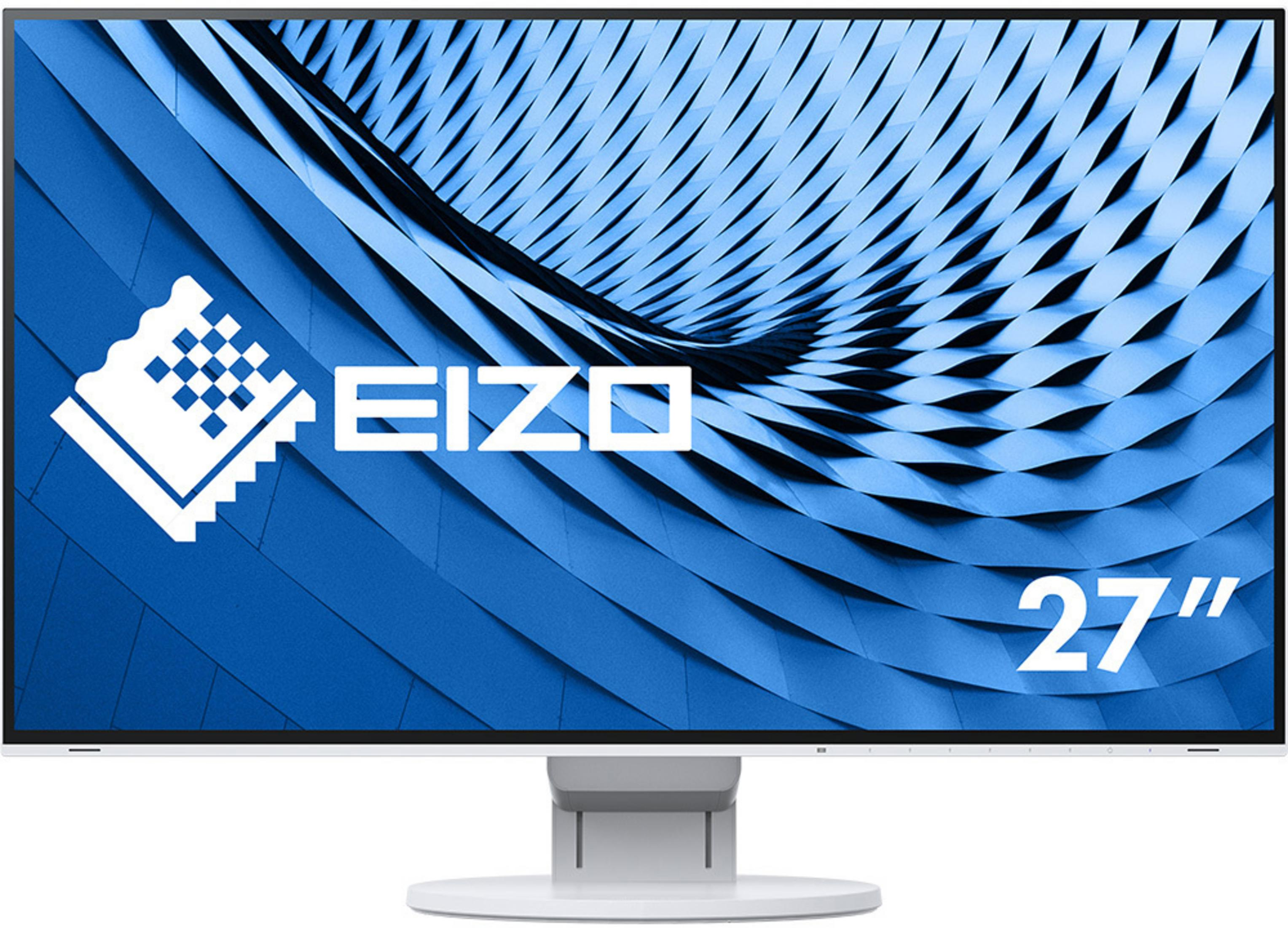 Monitor EIZO 27" su base bianca. Design astratto blu e bianco sul display.
