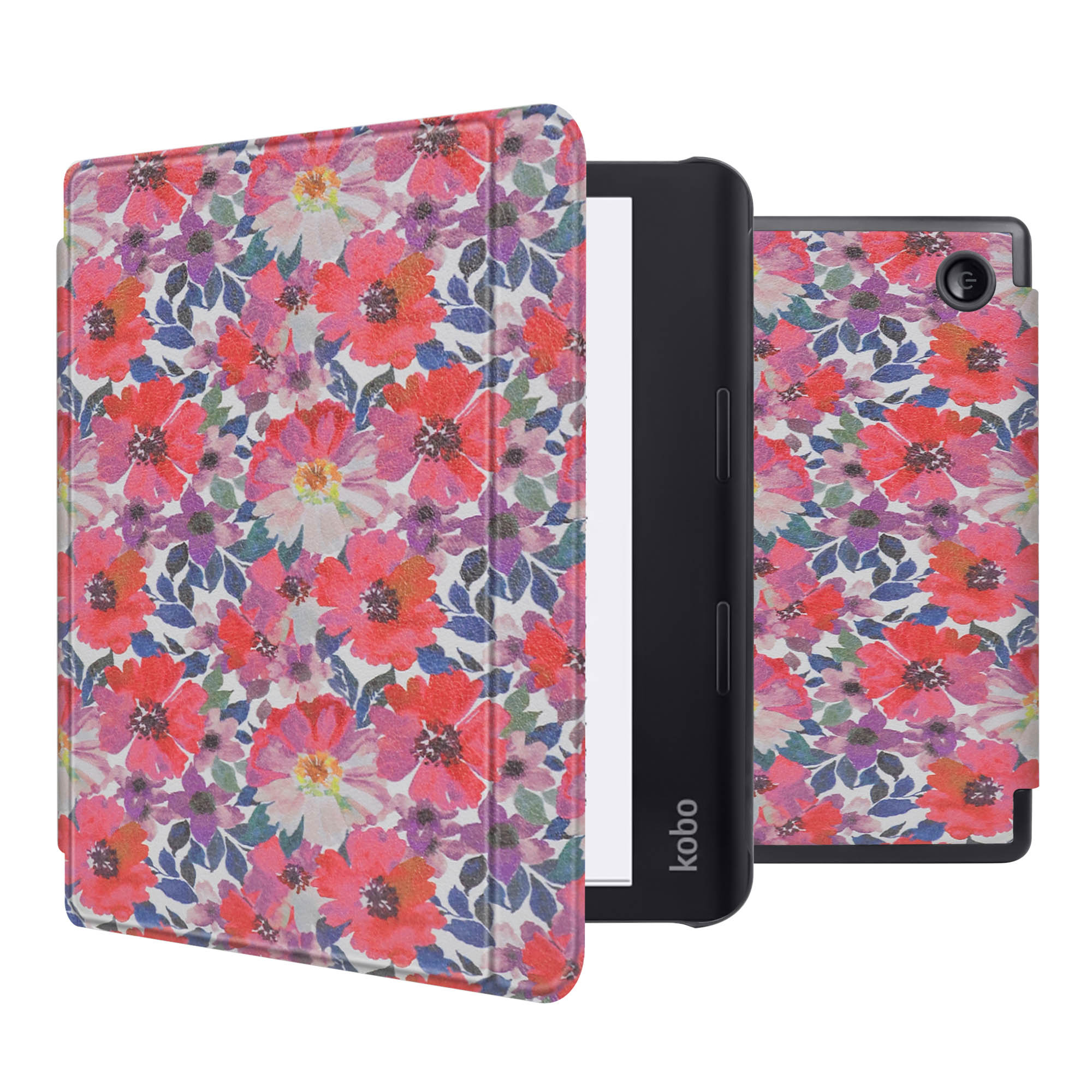 E-reader met een bloemenhoes. De hoes heeft rode en paarse bloemen. Het apparaat is open.