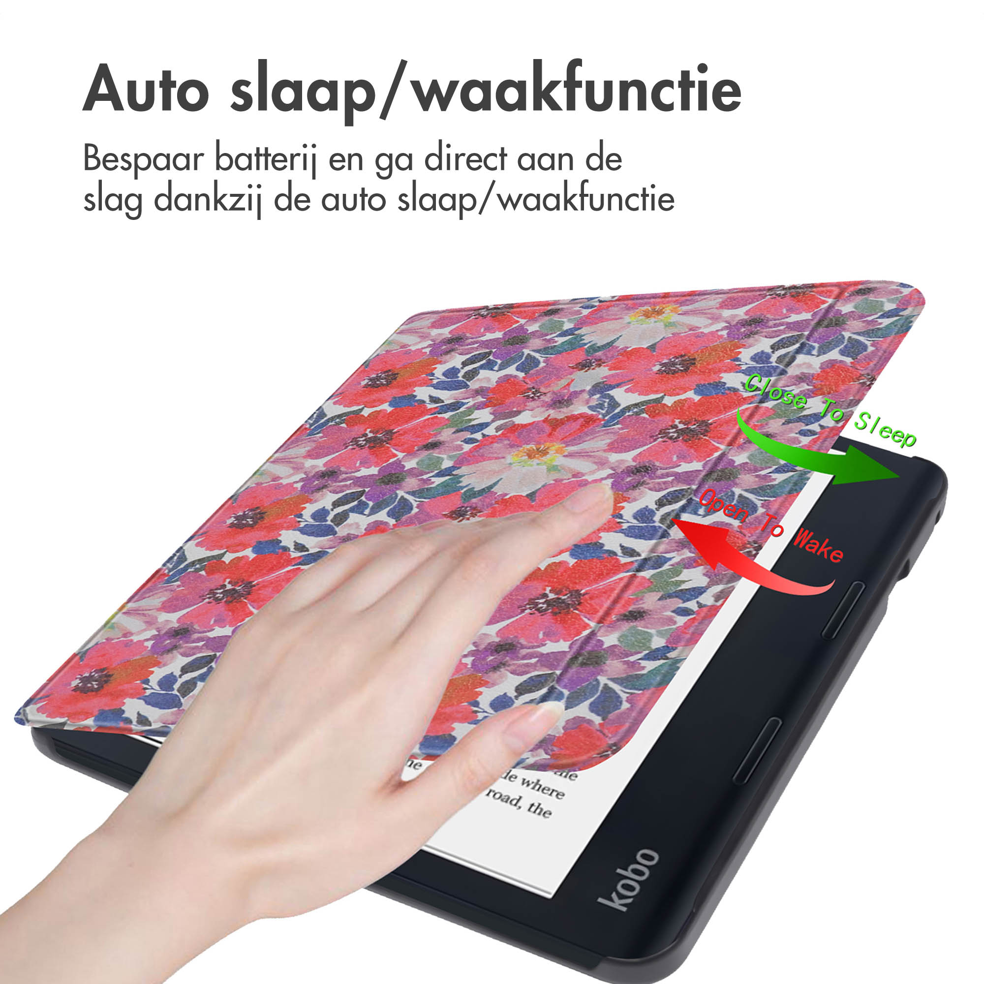 Een Kobo e-reader in een geometrisch patroonhoesje. De hoes is open.