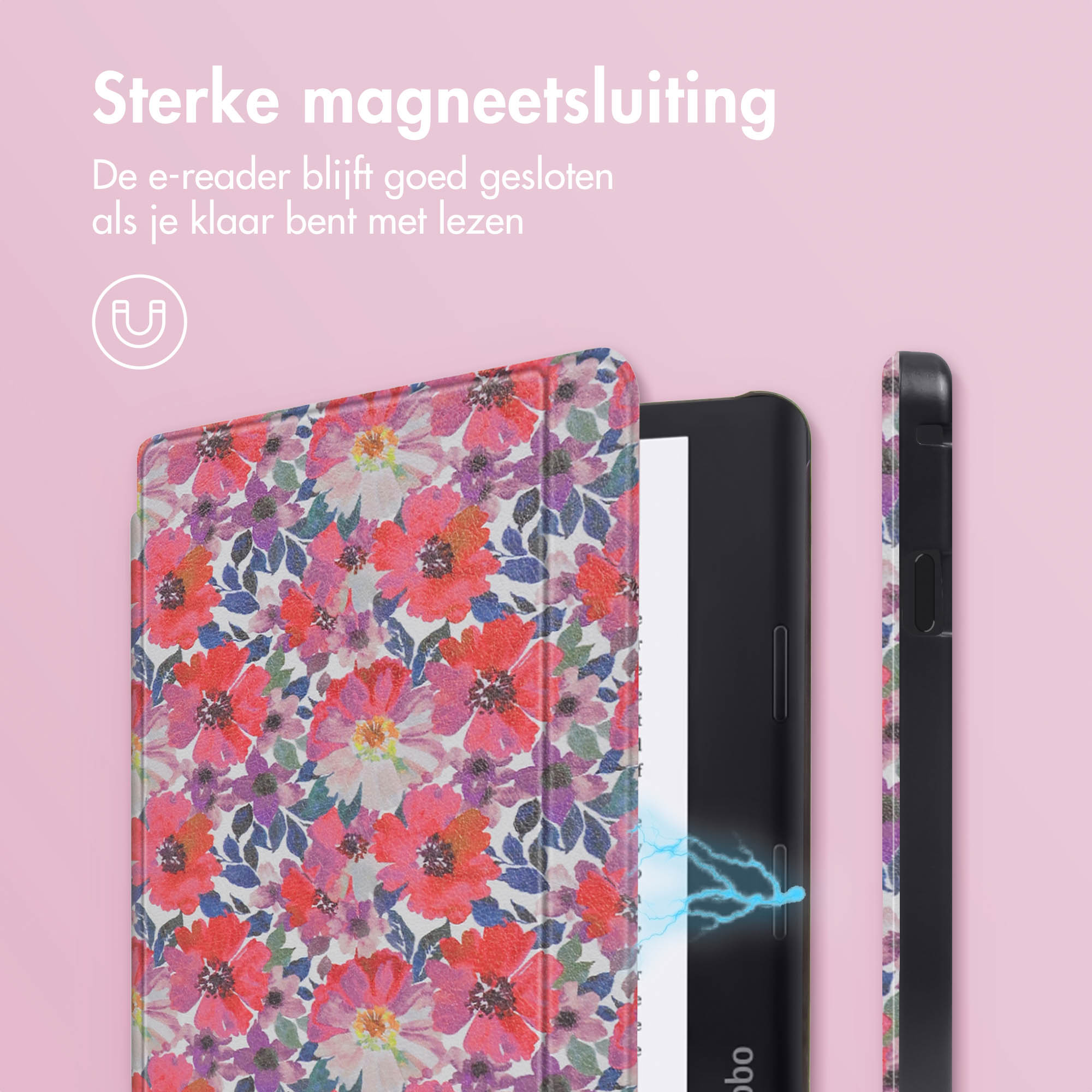 Een e-reader met een bloemenhoesje, open om het scherm met tekst te tonen.