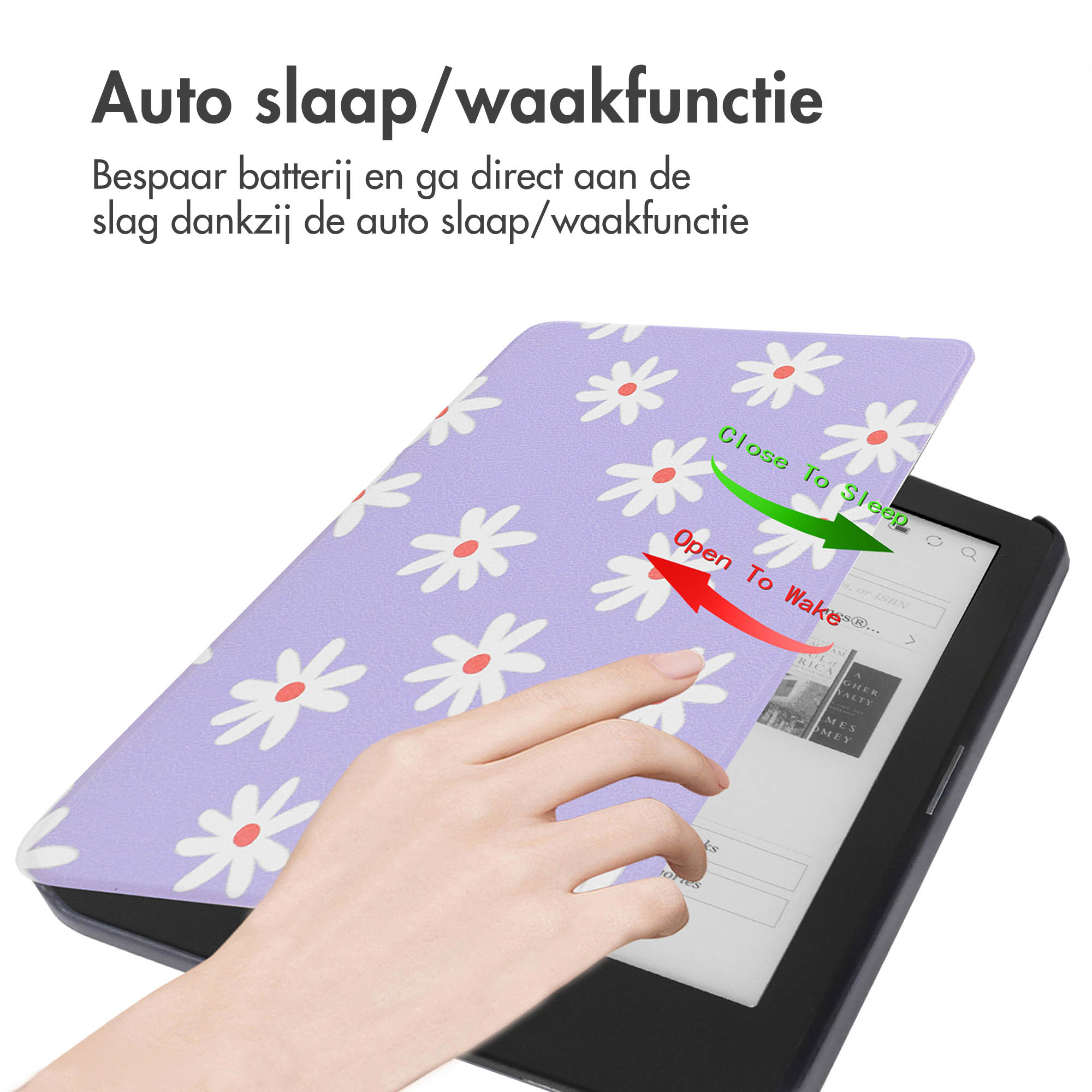Hand opening a purple daisy-patterned e-reader case, showing the screen.